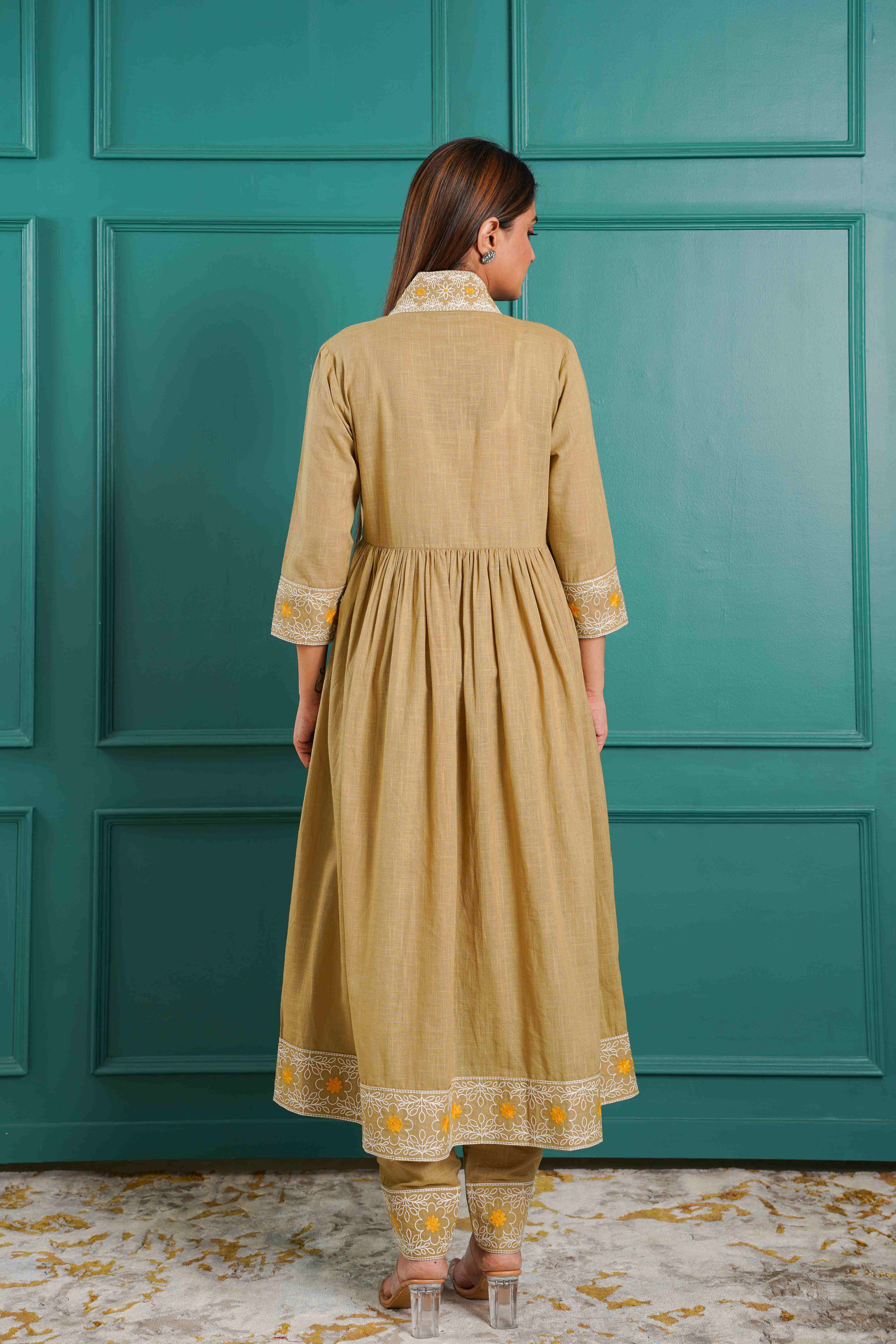 KHAKI EMBROIDERED SOLID KURTA SET