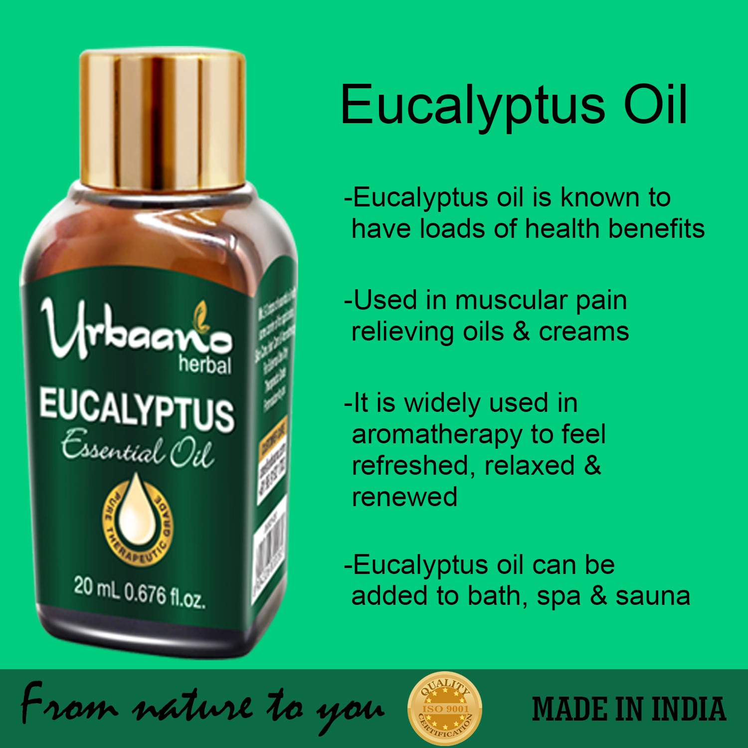Urbaano Herbal Camphor & Eucalyptus Essential Oil 20 ml each(For Hair, Skin & Aromatherapy - 100% Undiluted - Therapeutic Grade)