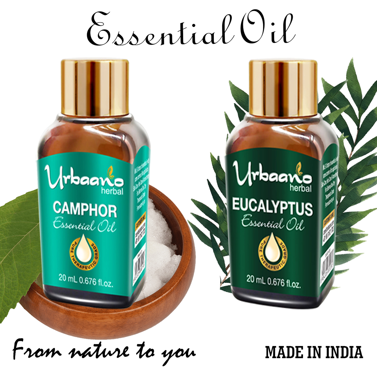 Urbaano Herbal Camphor & Eucalyptus Essential Oil 20 ml each(For Hair, Skin & Aromatherapy - 100% Undiluted - Therapeutic Grade)