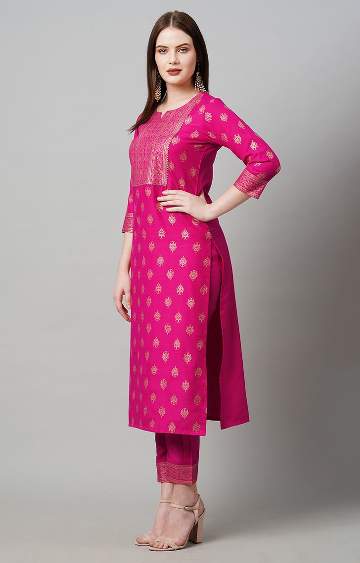 GoSriKi | Women's Pink Straight Foil Printed Kurta with Trouser and Dupatta 2