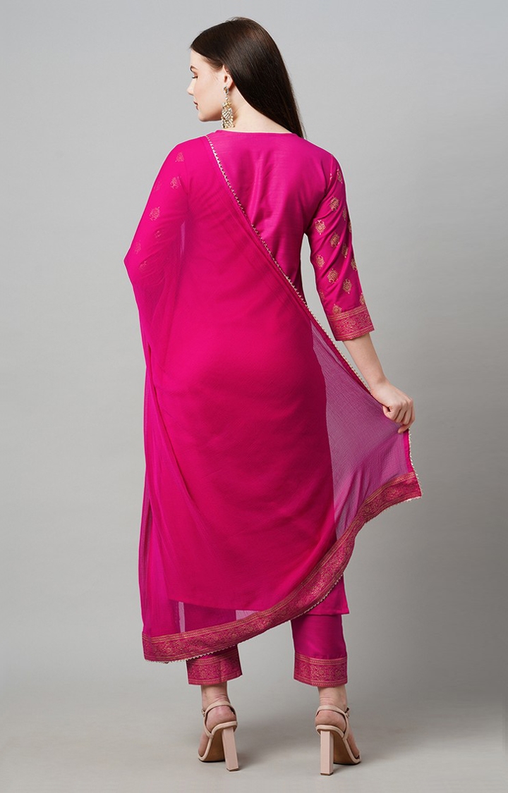 GoSriKi | Women's Pink Straight Foil Printed Kurta with Trouser and Dupatta 3
