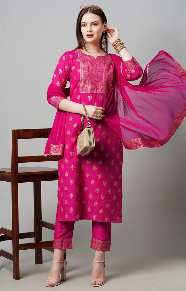 GoSriKi | Women's Pink Straight Foil Printed Kurta with Trouser and Dupatta 1