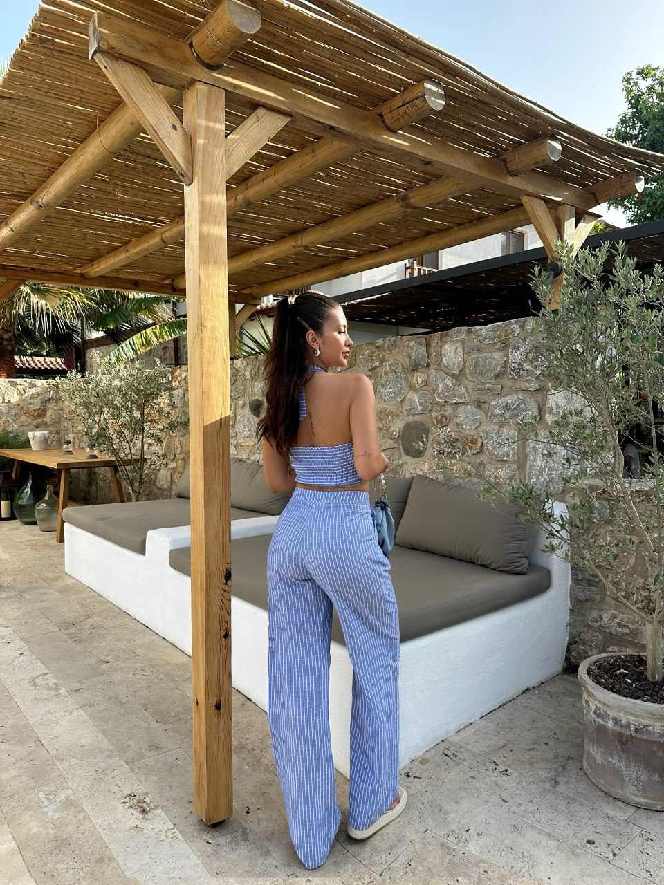 Blue halter neck crop top and pants striped co ord set