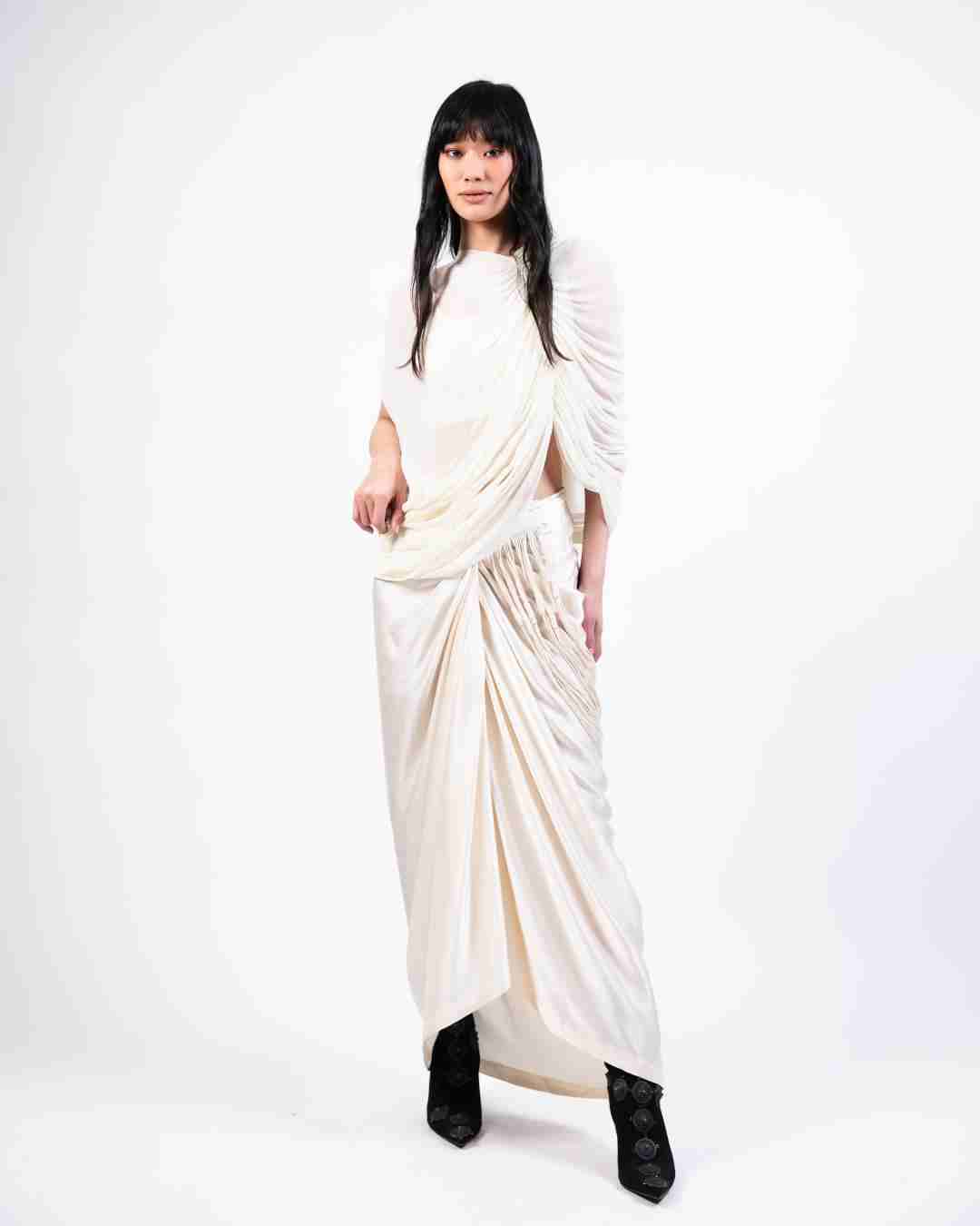 AKOK White Silk Drapped Top with Skirt & Lycra Top Co-ords