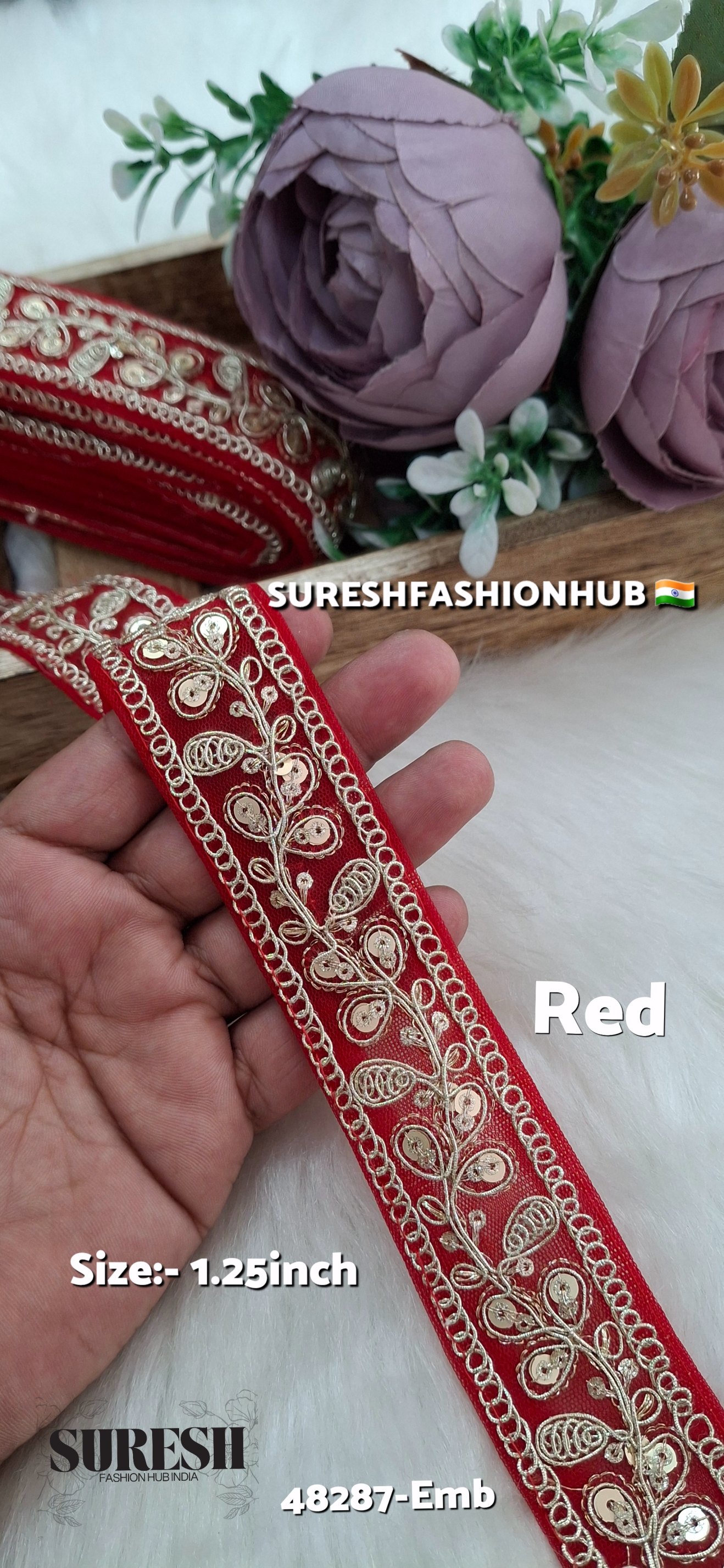 Red  Pearl Dori Zari Embroidery Border Lace