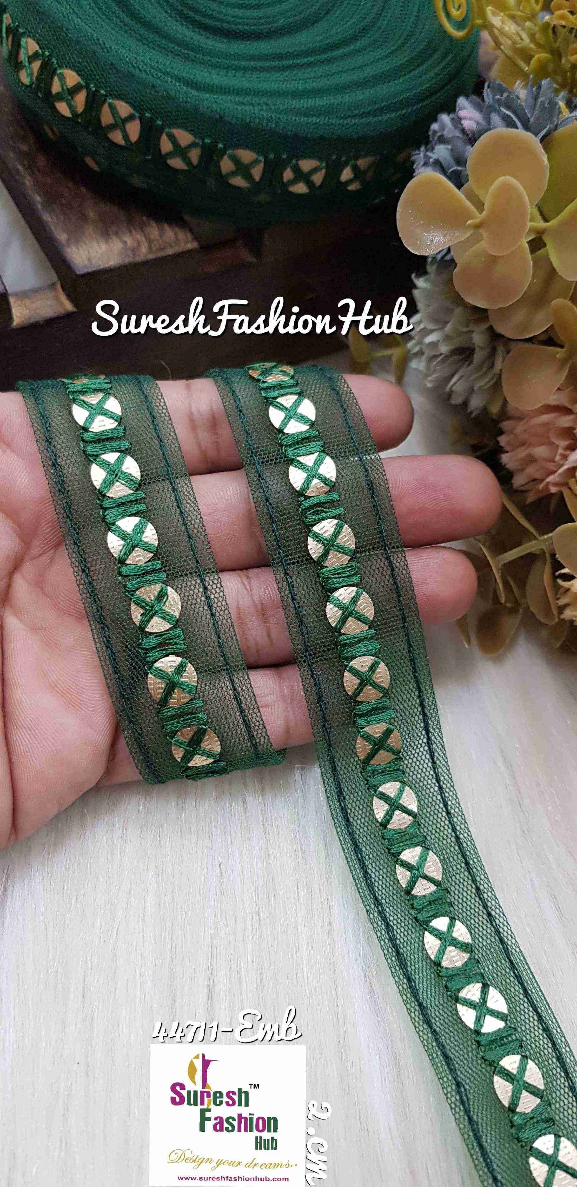BOTTLE GREEN Net Touch Sequin Thread Lace