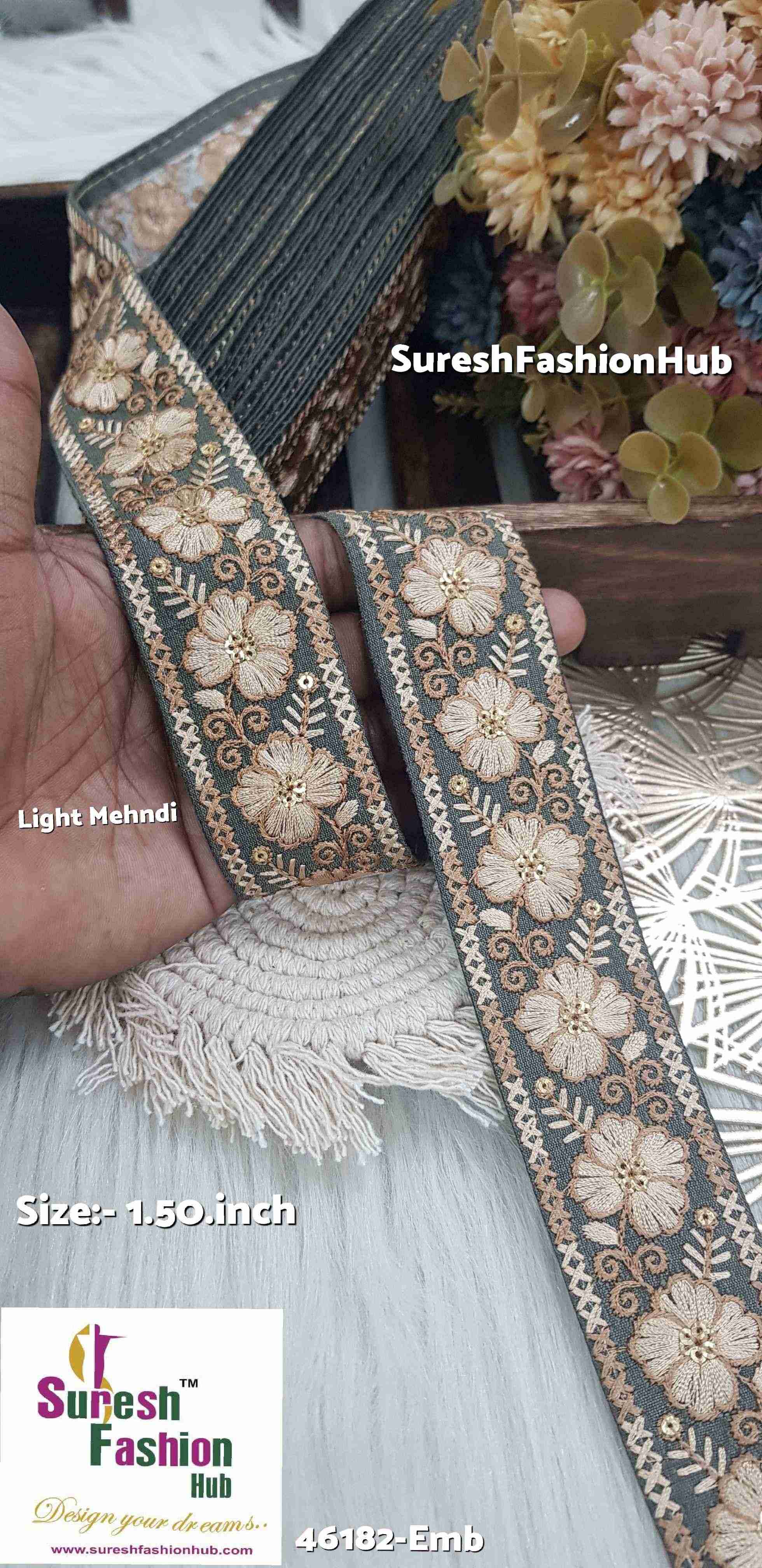 Jute-Colored Thread Light-MehndiEmbroidered Lace Fabric