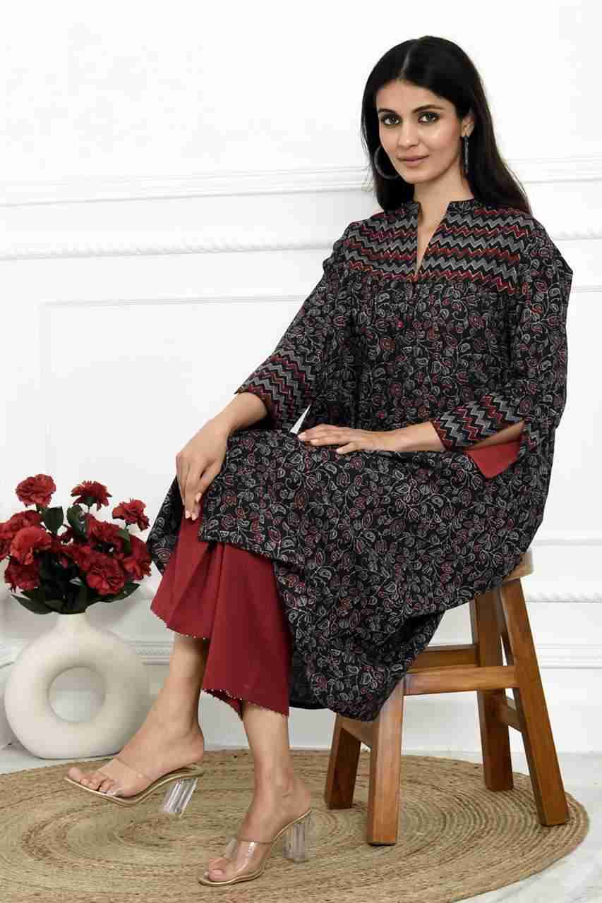 Naksh Black And Red Ajrakh Print Kurta With Zigzag Yoke