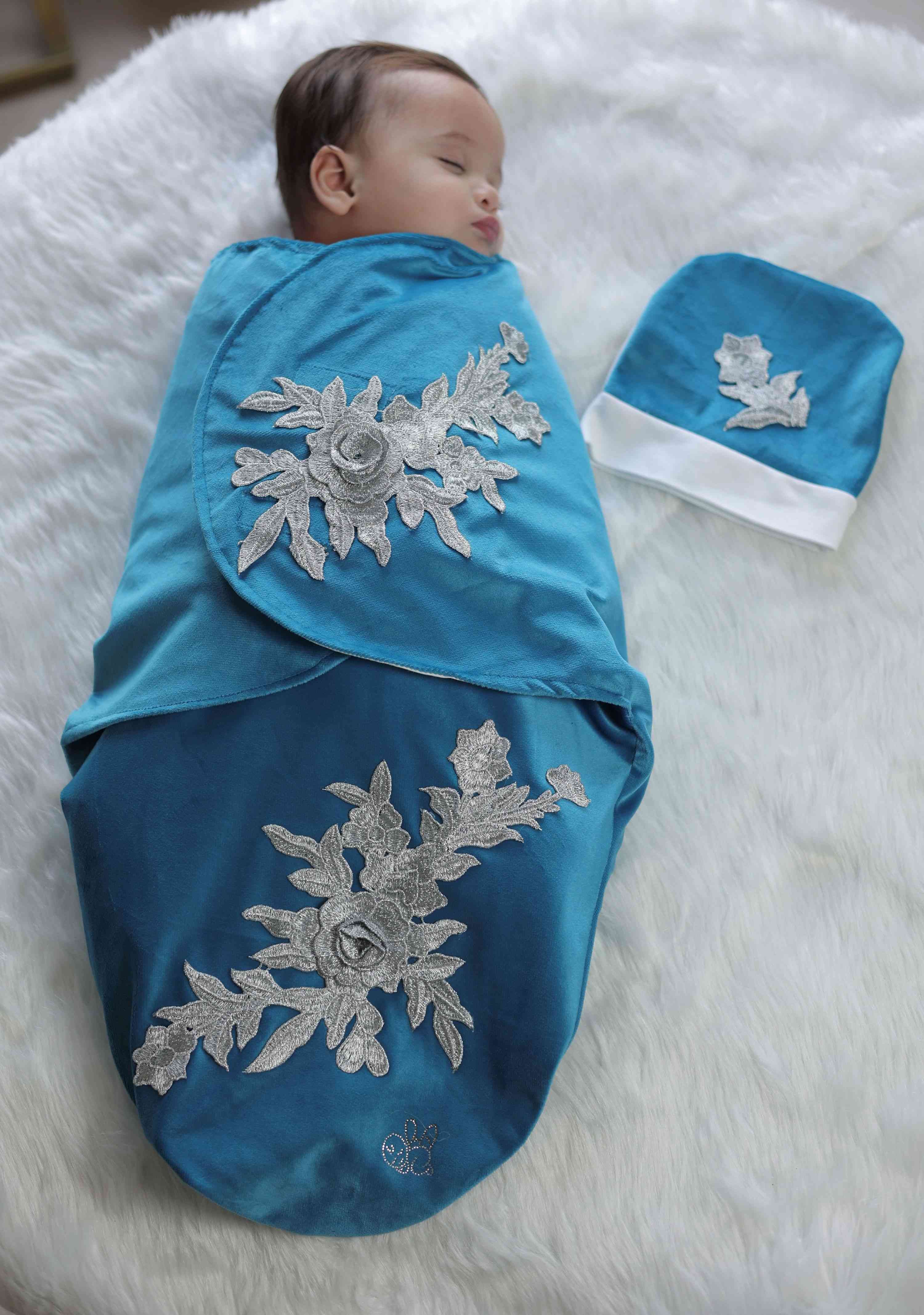 Azure Bloom Velour Swaddle Set