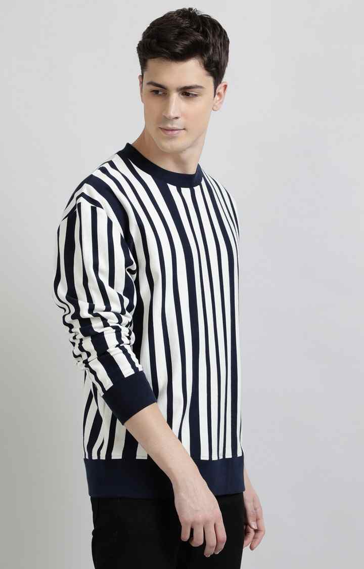 UrGear Striped Crew Neck White and Navy Sweatshirt