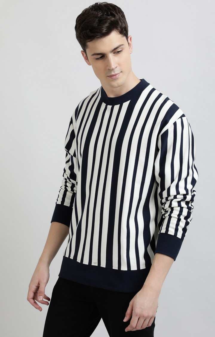 UrGear Striped Crew Neck White and Navy Sweatshirt
