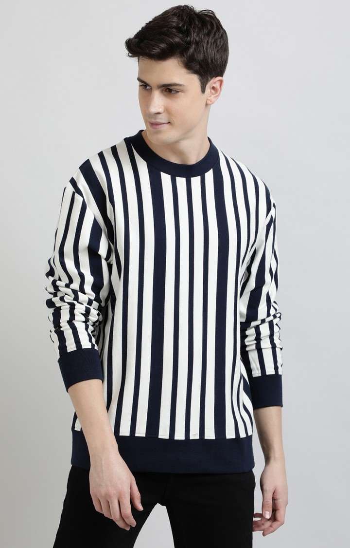 UrGear Striped Crew Neck White and Navy Sweatshirt