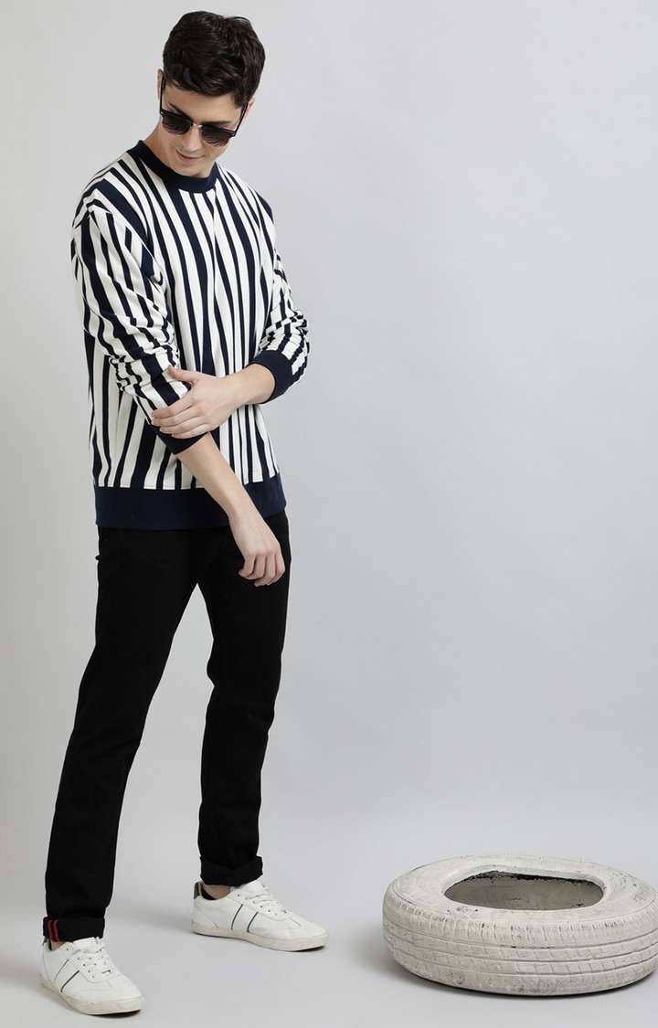 UrGear Striped Crew Neck White and Navy Sweatshirt