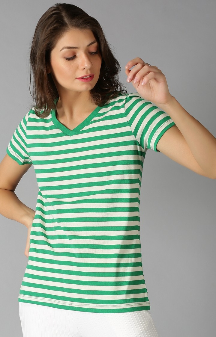 UrGear | UrGear Striped Women V-Neck Green T-Shirt 0