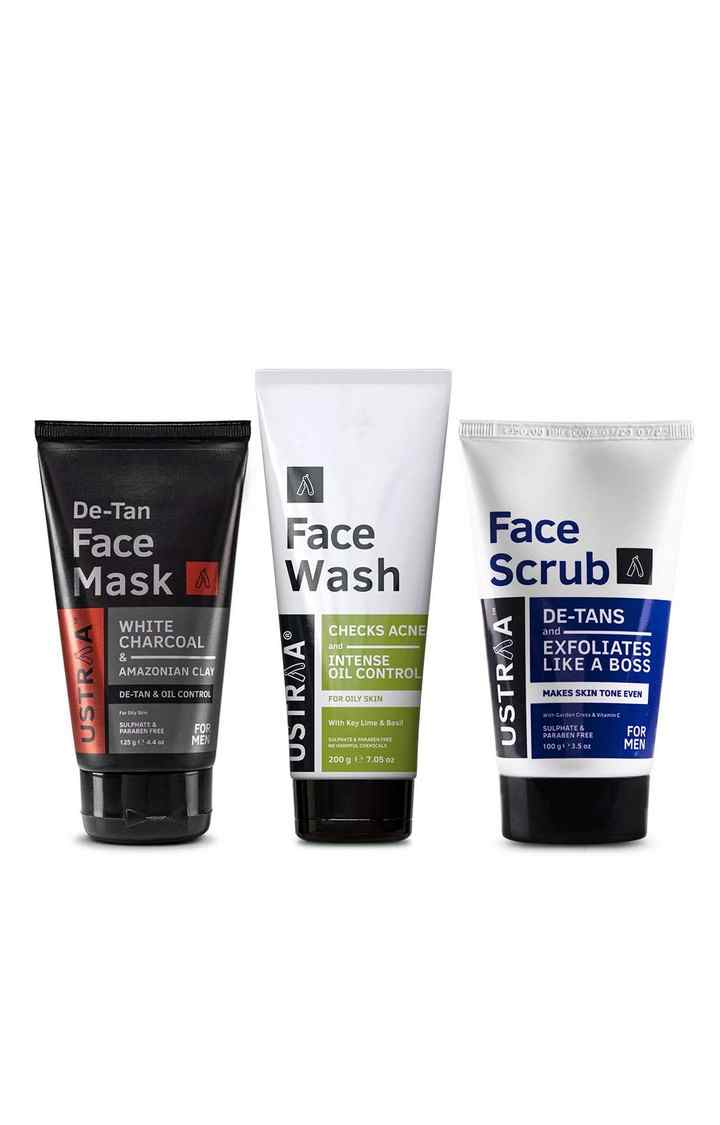 Ustraa Face Wash- Oily Skin 200 g, Face Mask Oily Skin 125 g & De Tan Face Scrub 100 g
