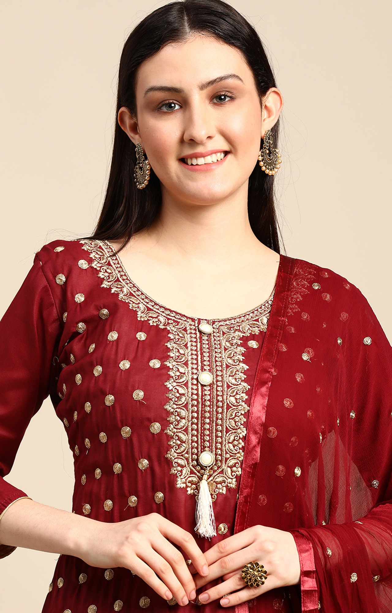 Shaily Women Maroon Color Cotton Embroidered With Tessels Unstitched Dress Material-VF_JALGALU_MRON_DM