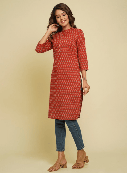 Women Maroon Floral Printed Pure Cotton Kurta