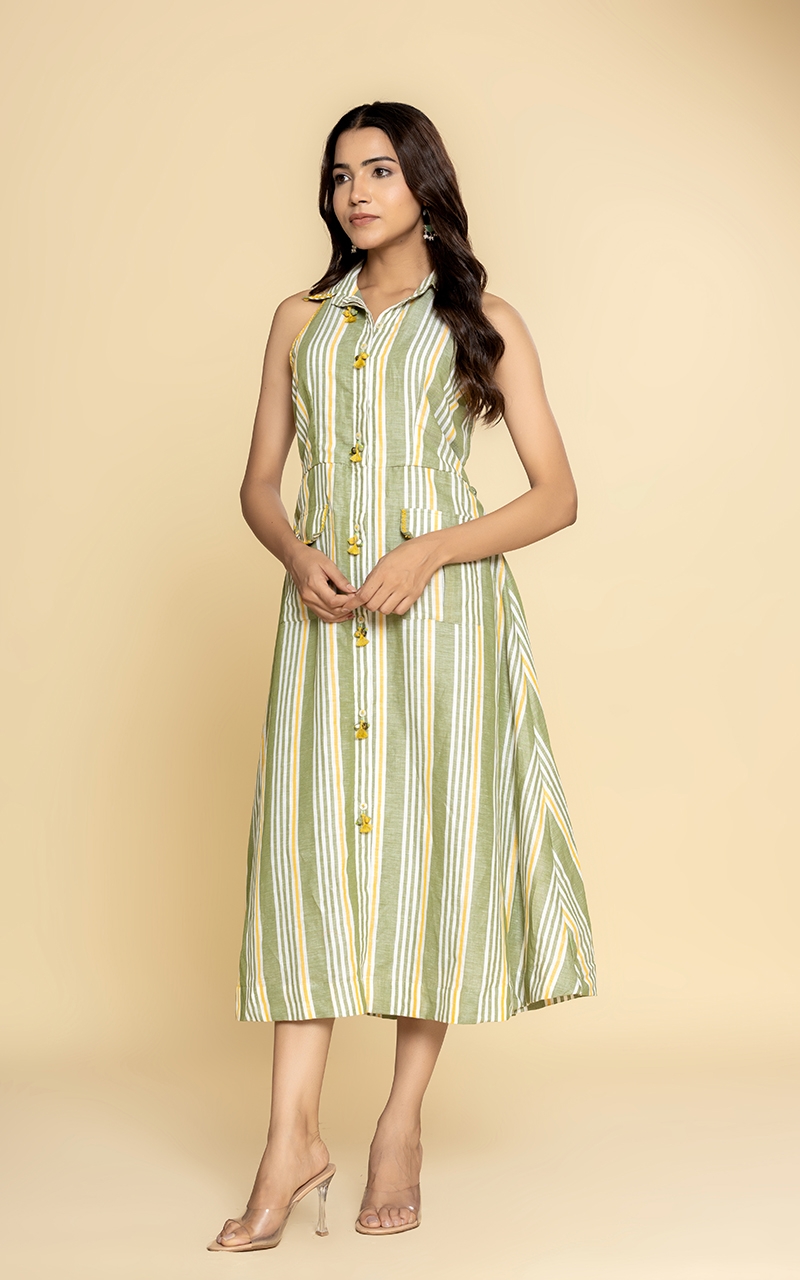 Green and yellow striped linen dress