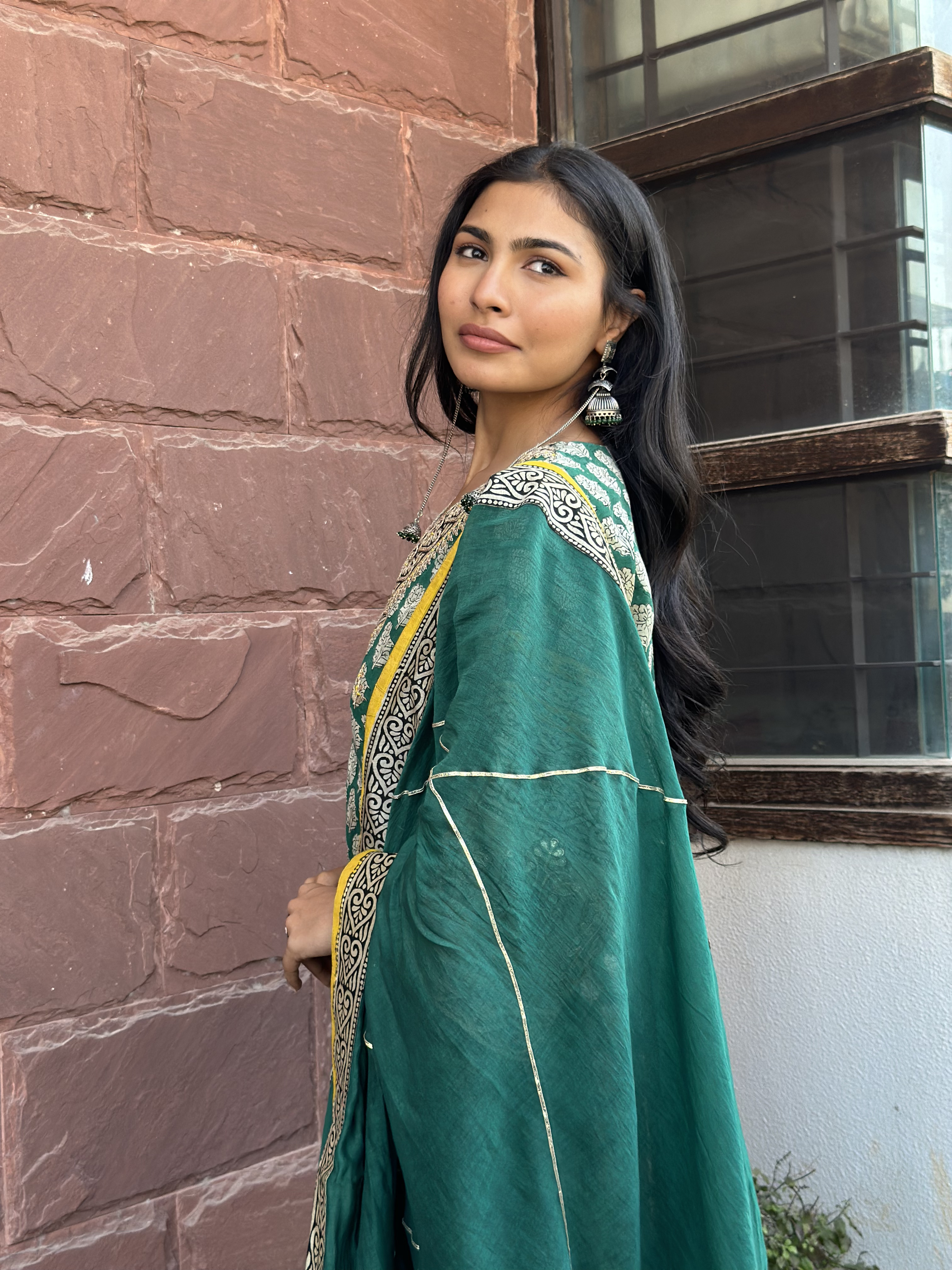 Green Hand block print and handwork kurta set