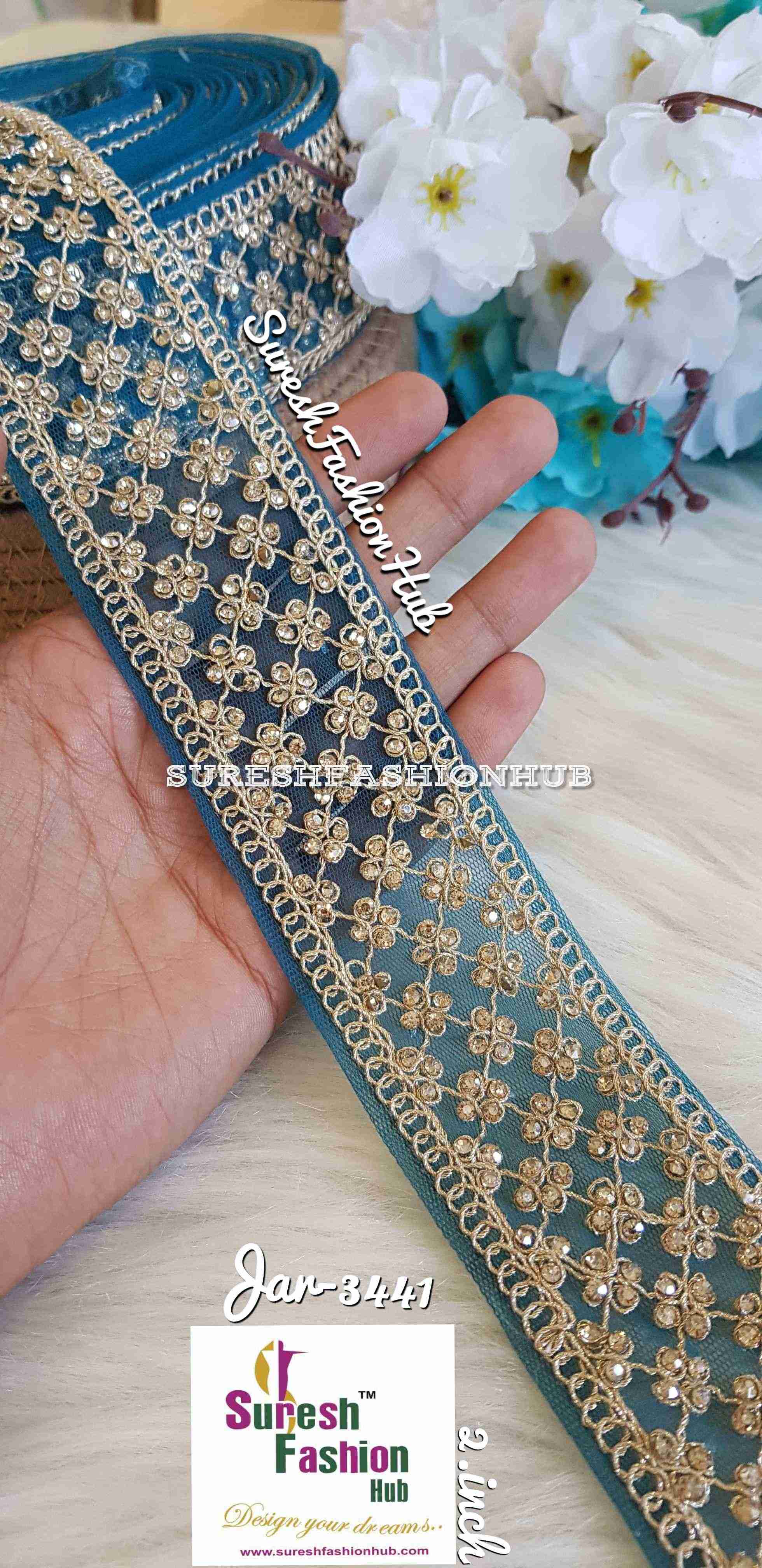 Gemstone Garden Teal Blue Embroidered Trim