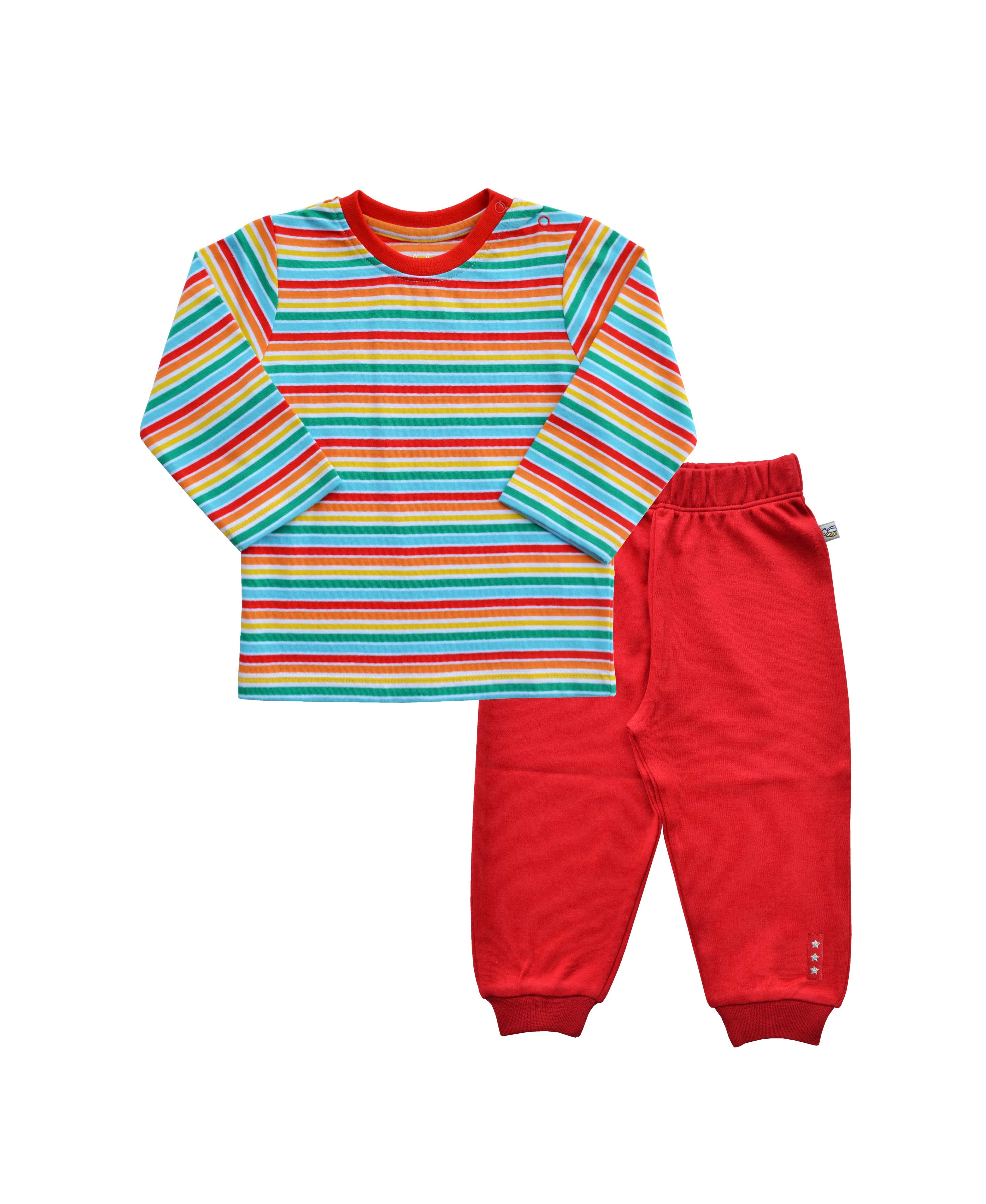 Babeez | Multi Stripes Long Sleeves T-Shirt+Red Pant (100% Cotton Interlock Biowash) undefined