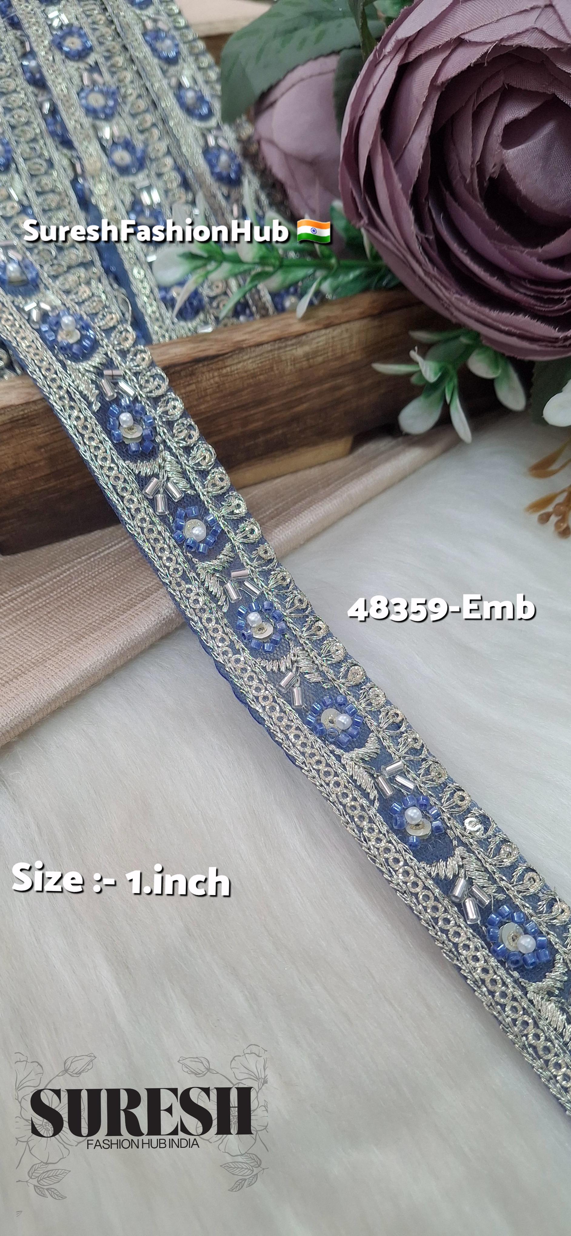 Blue Beaded Floral Charm Net Embroidered Lace