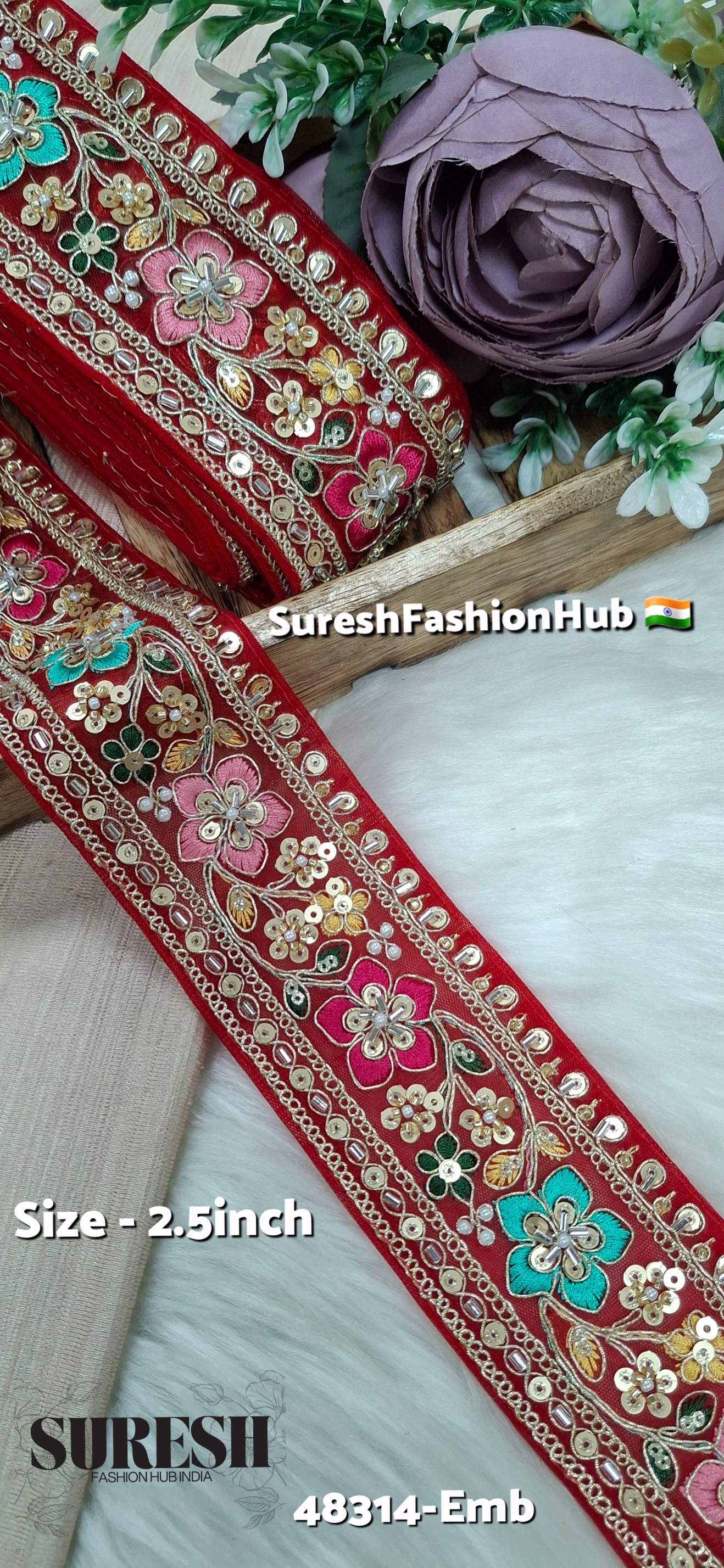Red  Multicolor Kaddana Floral Embroidery Lace