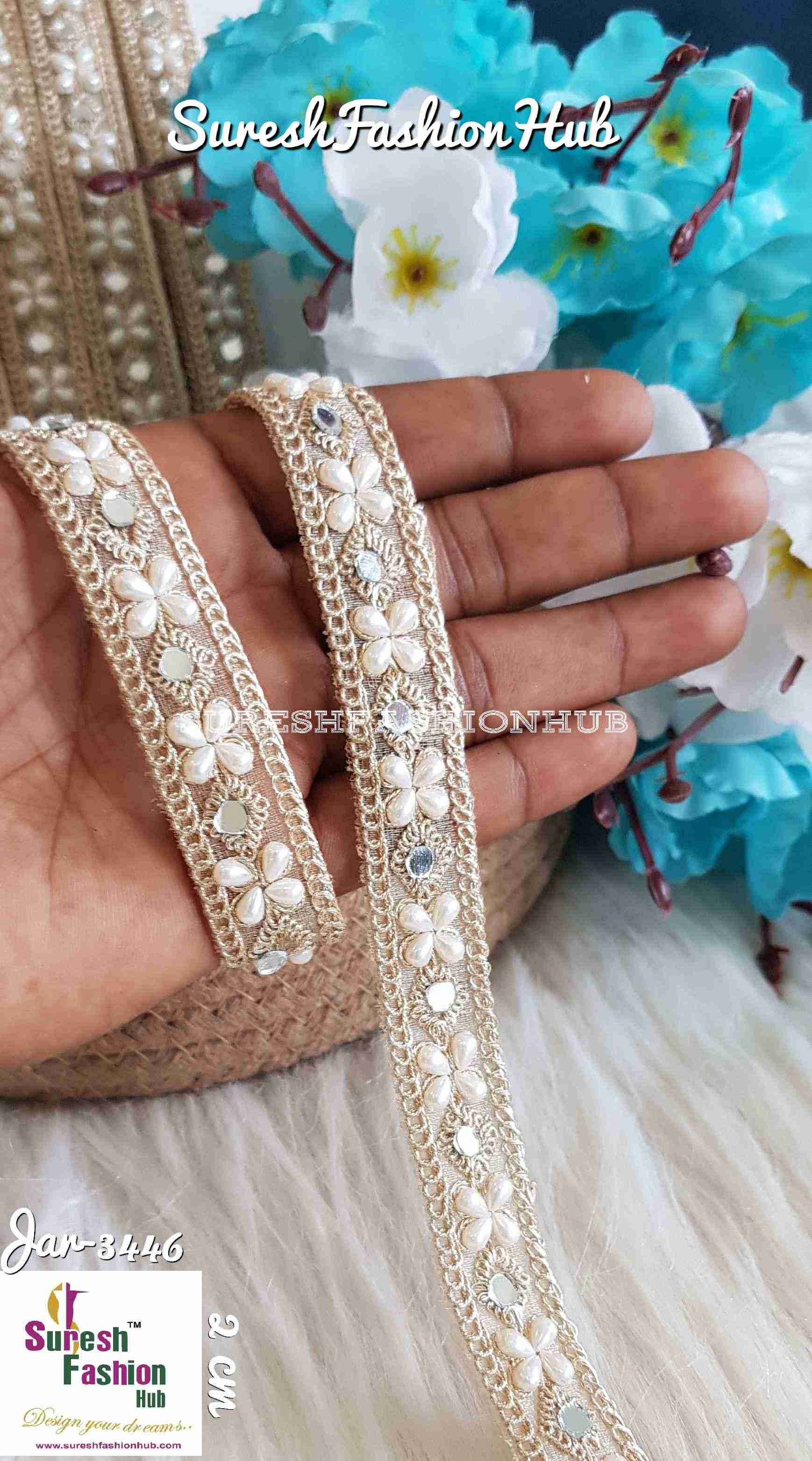 Suresh Fashion Hub India Pearl Leaves On Gold Trim Designer Lace