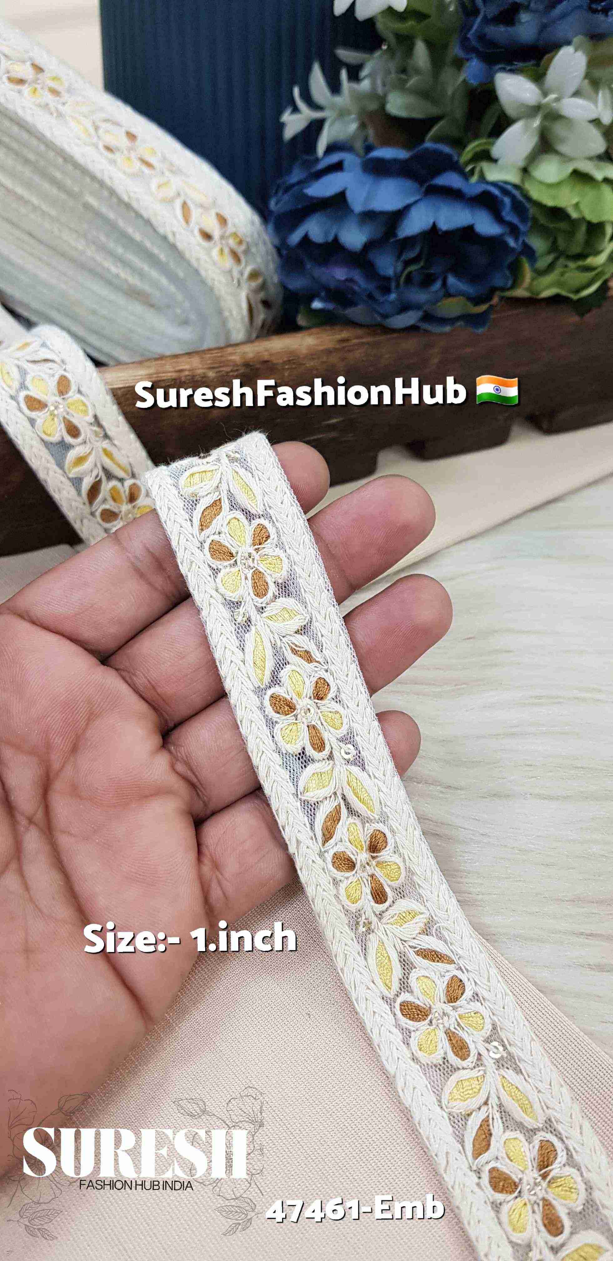 Mustard Yellow & Light Brown Floral Net Lace