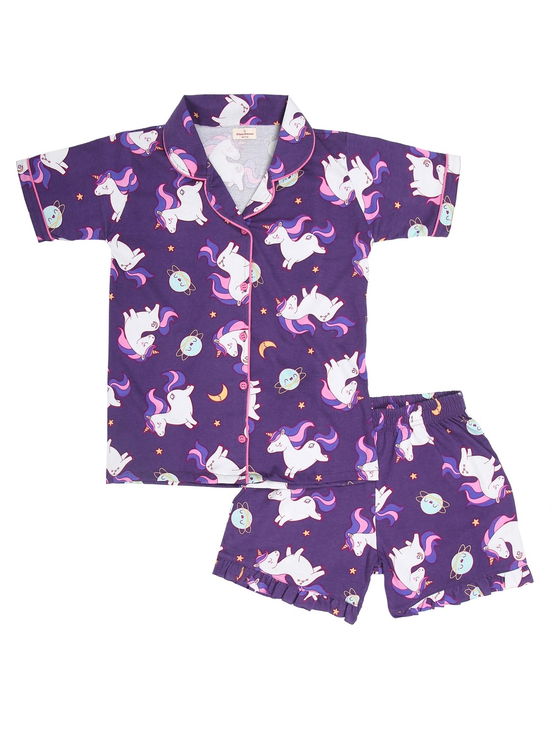 Ninos Dreams Lapel Girls Night Suit with Shorts Unicorn Printed Half Sleeves-Purple