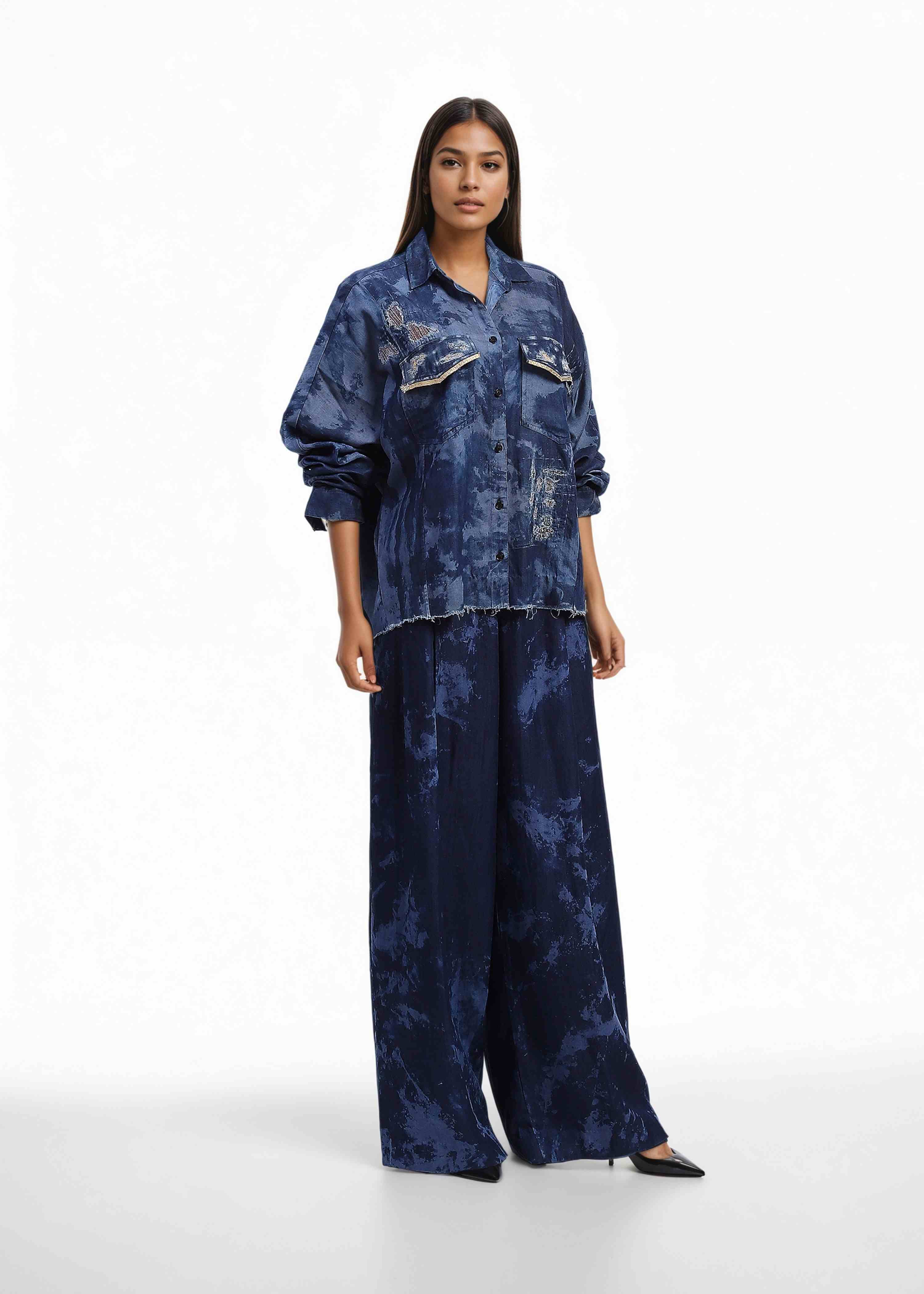 AKOK Blue Cotton Oversized Shirt & Pant Co-ords