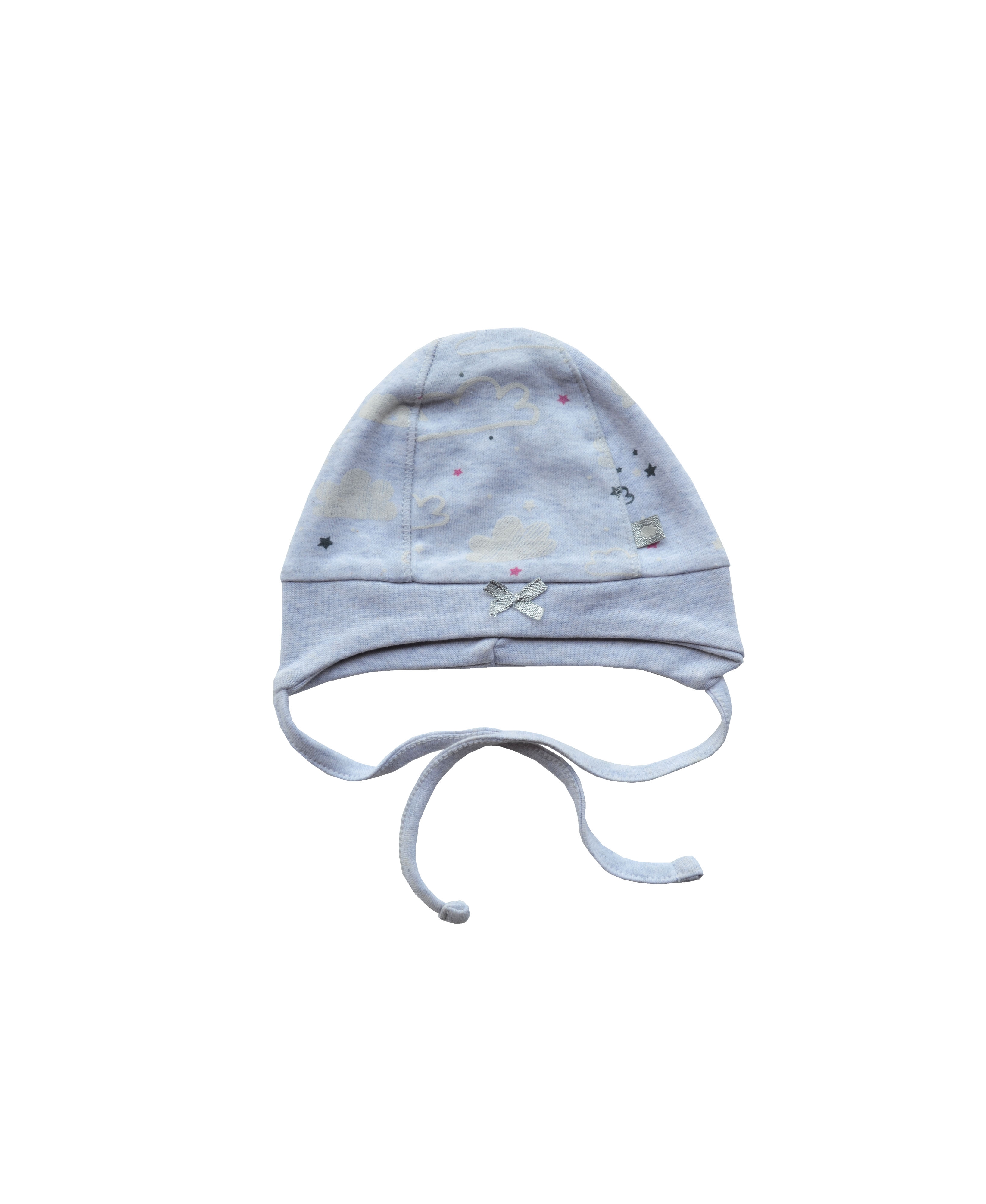 Grey Cap with Cloud Print and Silver Bow (100% Cotton Interlock)