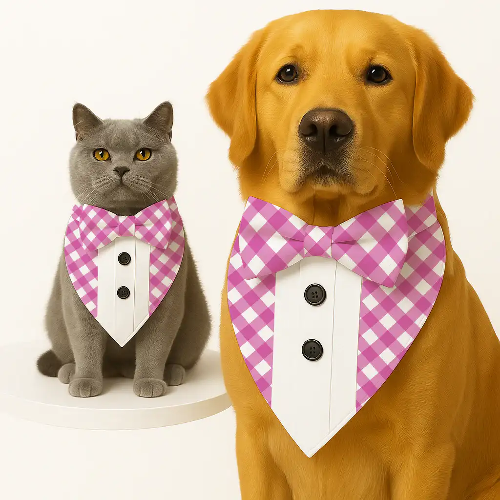 PawsIndia Pink Checks Pattern Tuxedo Bandana with Matching Bow for Pets