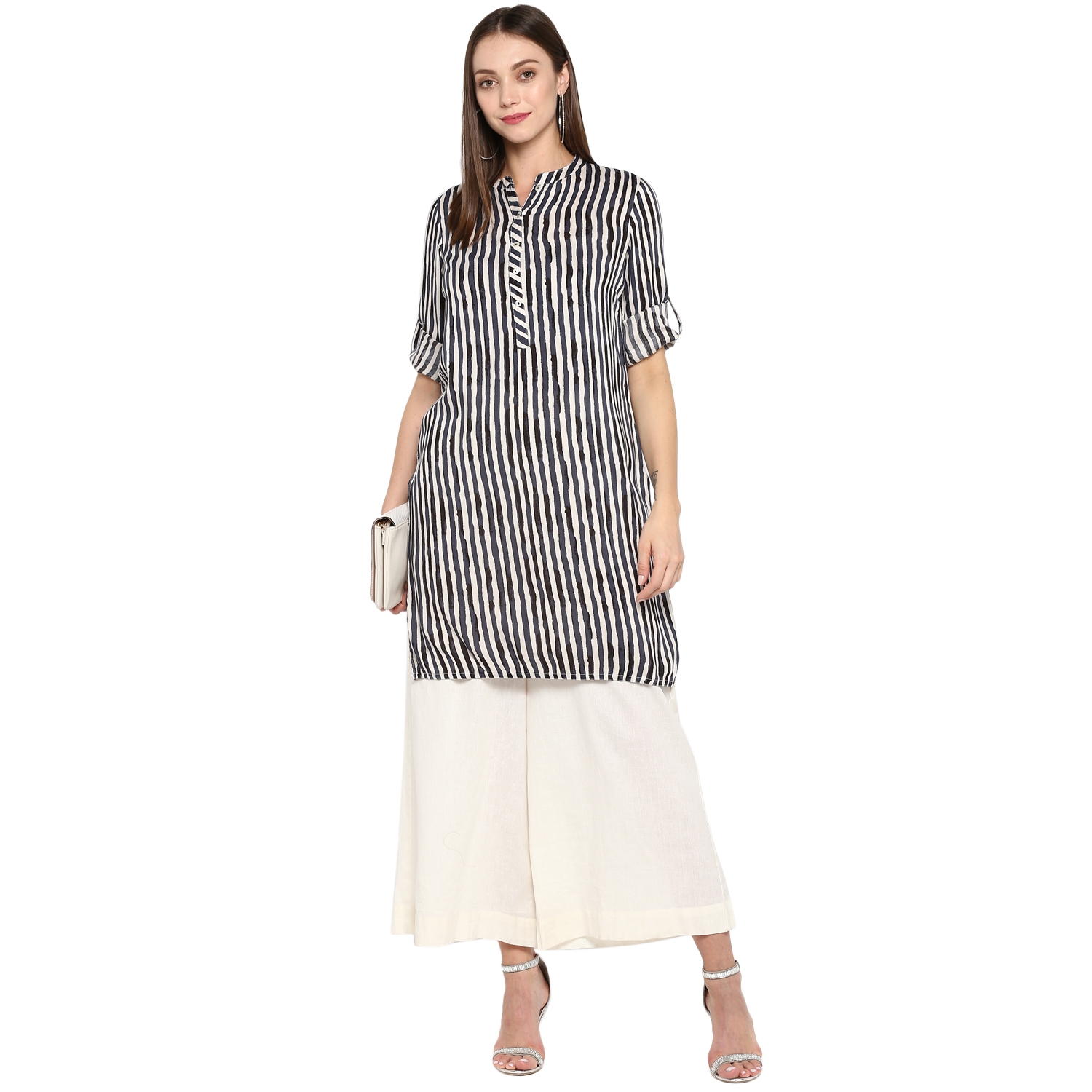 ANTARAN | Grey striped rollup sleeve cotton kurta 0