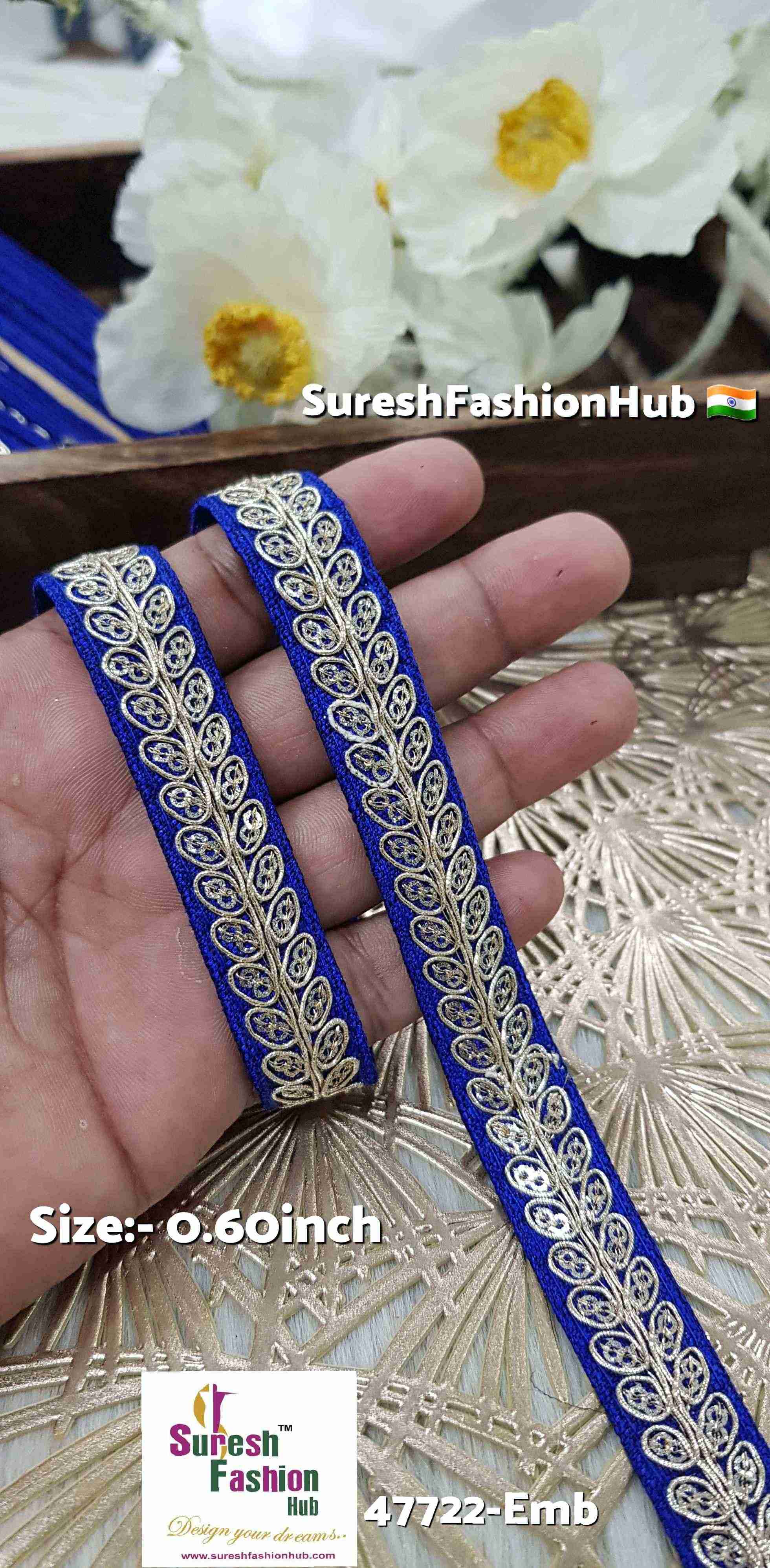 Royal Blue Pearl Leaf Embroidered Border