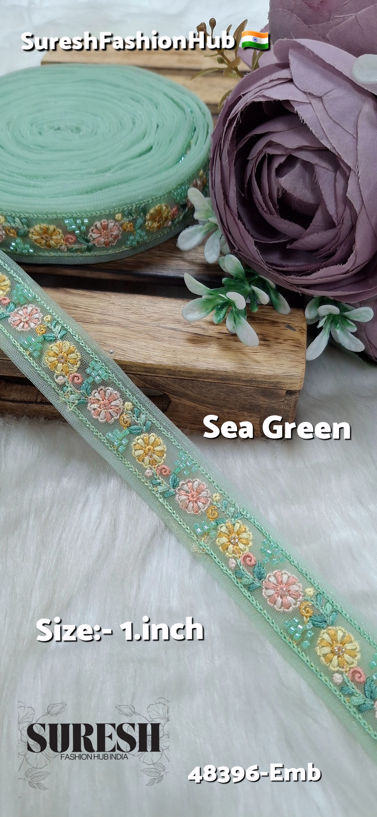 Sea Green Multicolor Thread Bead Embroidery Lace