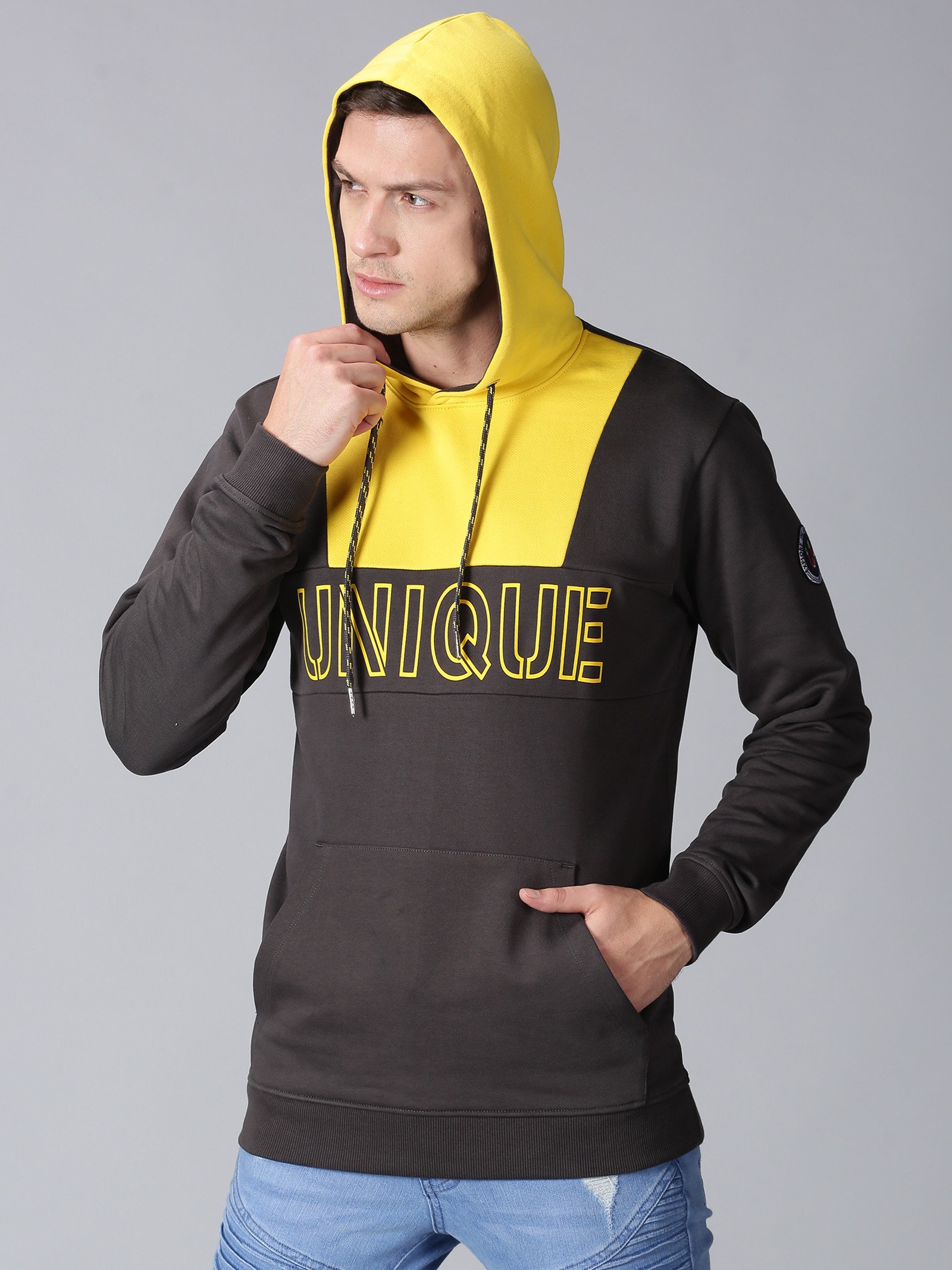 UrGear Men Grey and Yellow Colourblock Hoodie