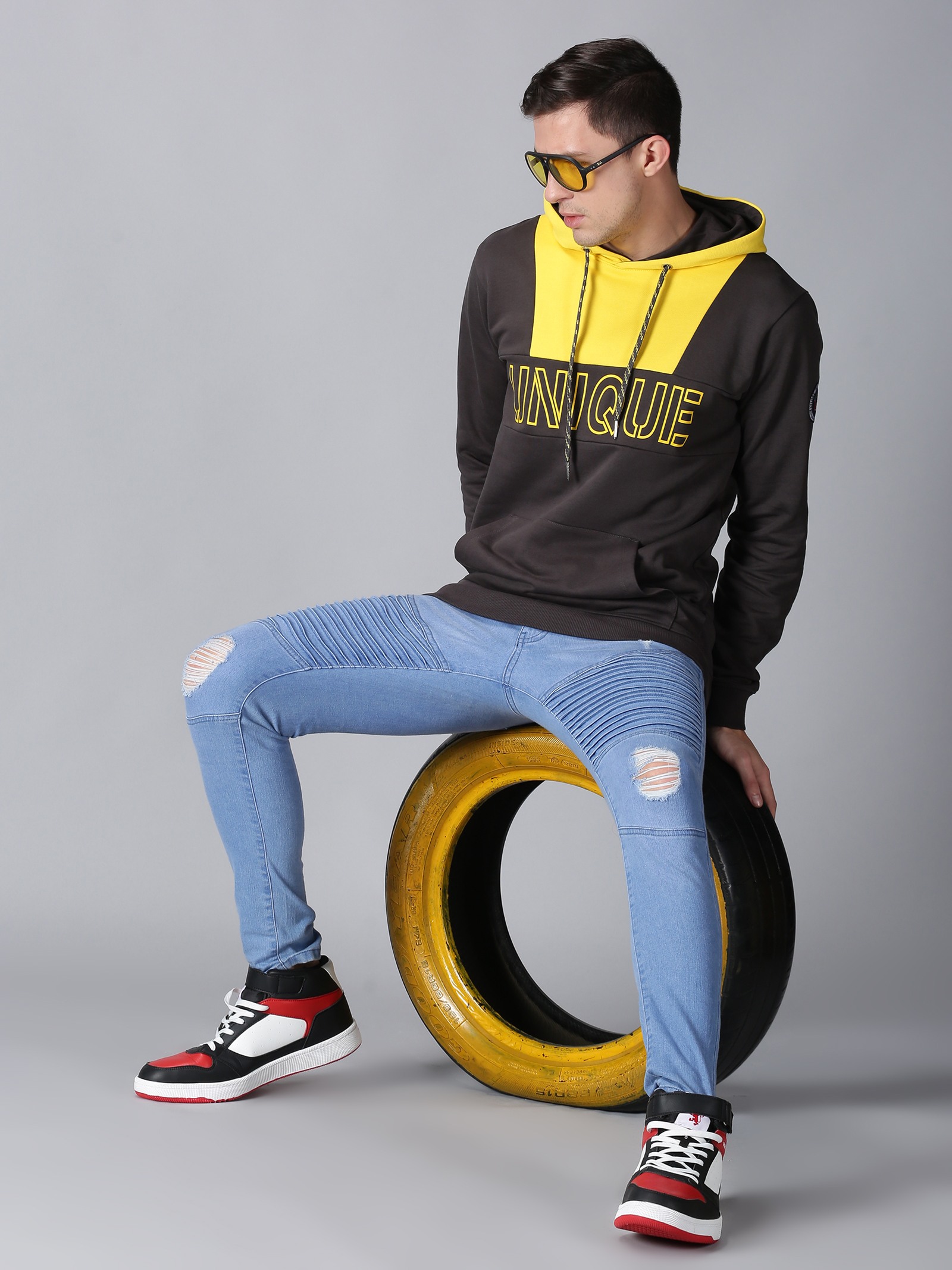 UrGear Men Grey and Yellow Colourblock Hoodie