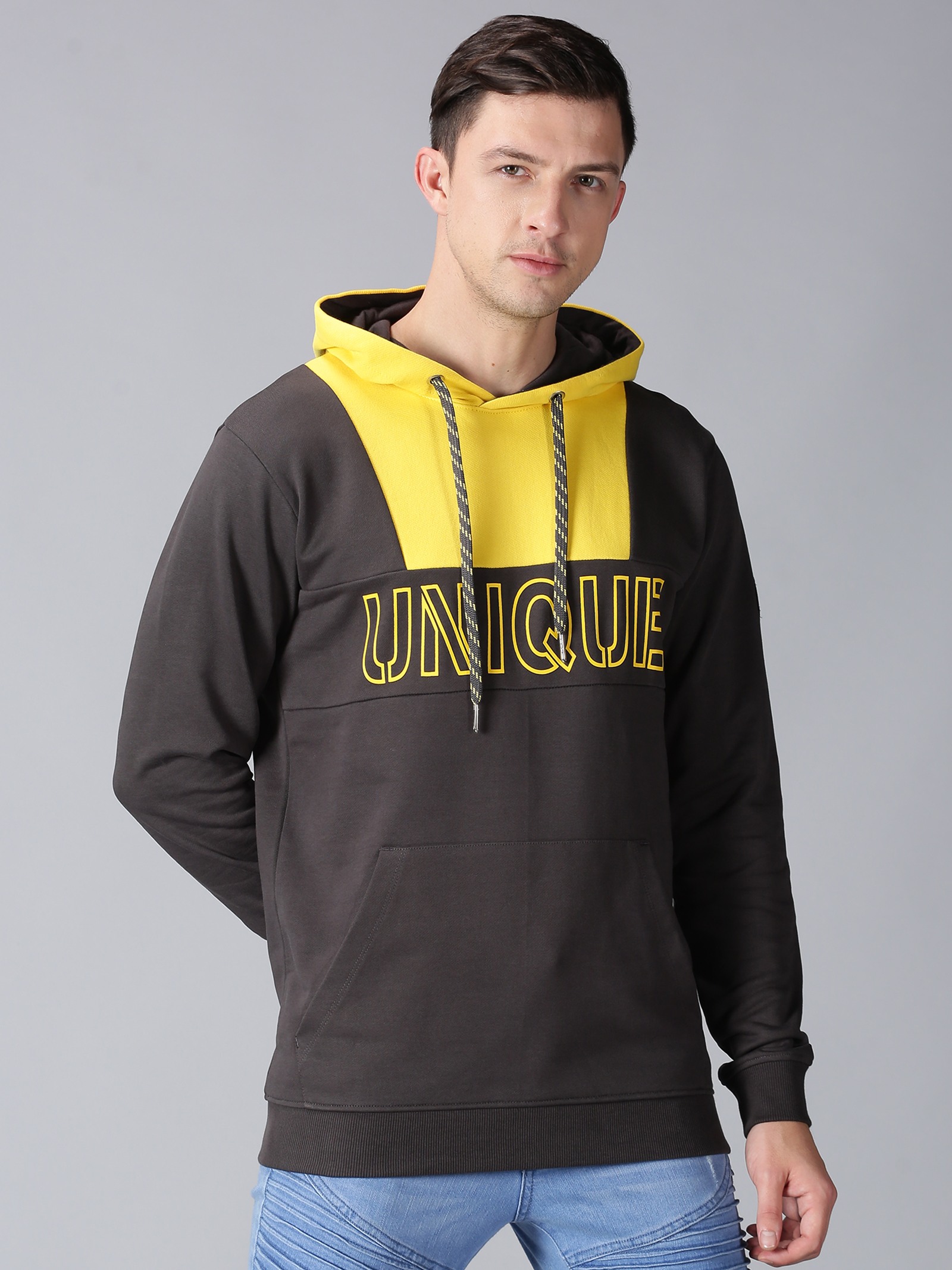 UrGear Men Grey and Yellow Colourblock Hoodie