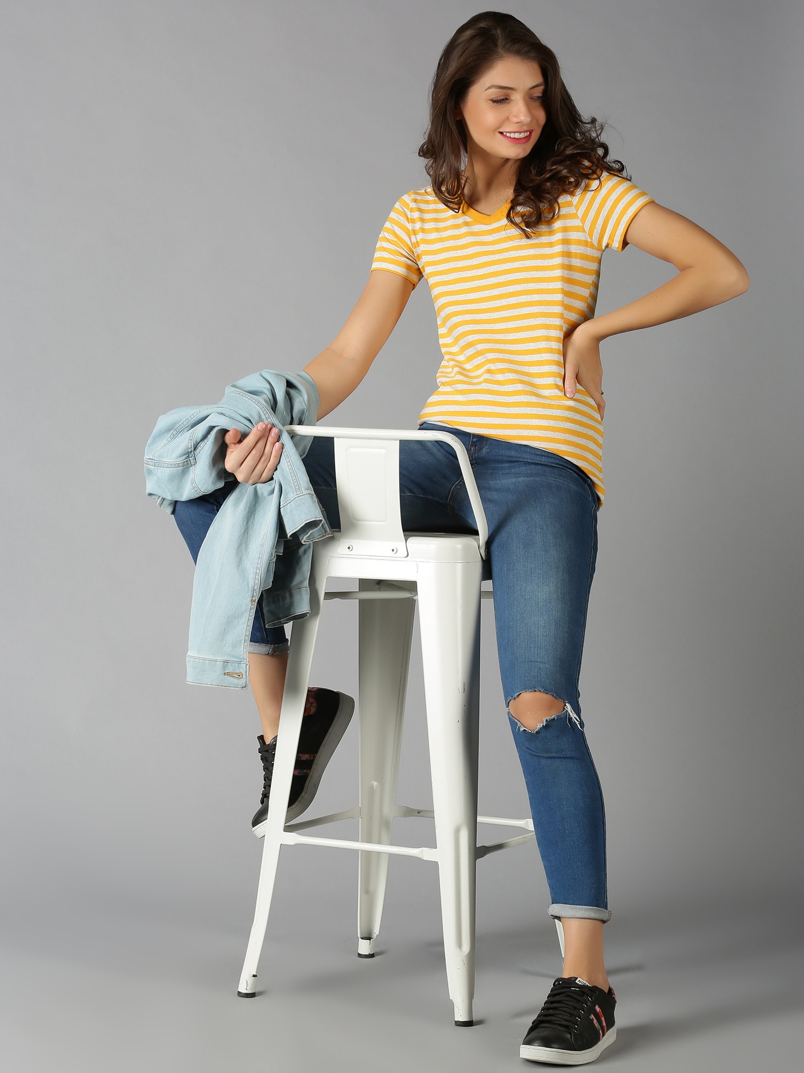 UrGear Women Yellow Striped Casual T-Shirt