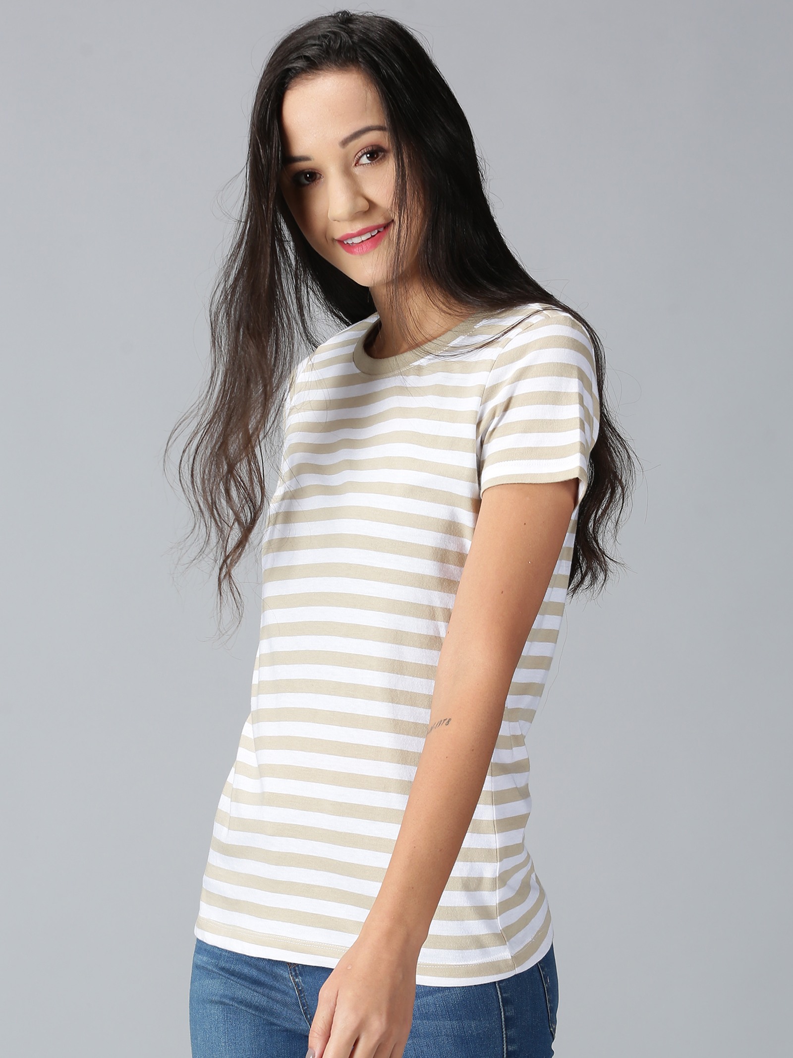 UrGear Casual Striped Women Beige T-Shirt