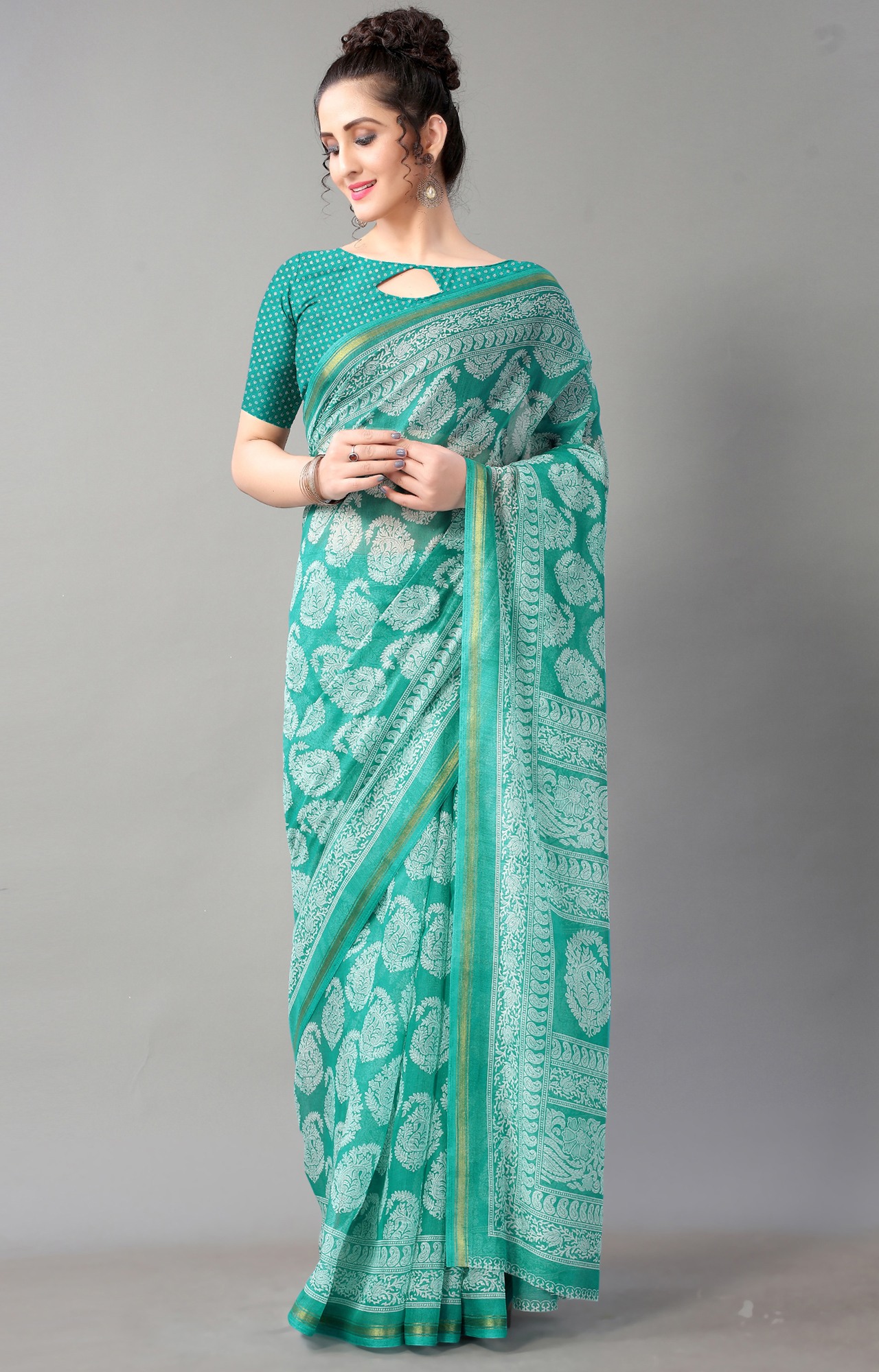 Women Turquoise Batick Block Print Casual Wear Saree-HAL21CTN00036TEAL