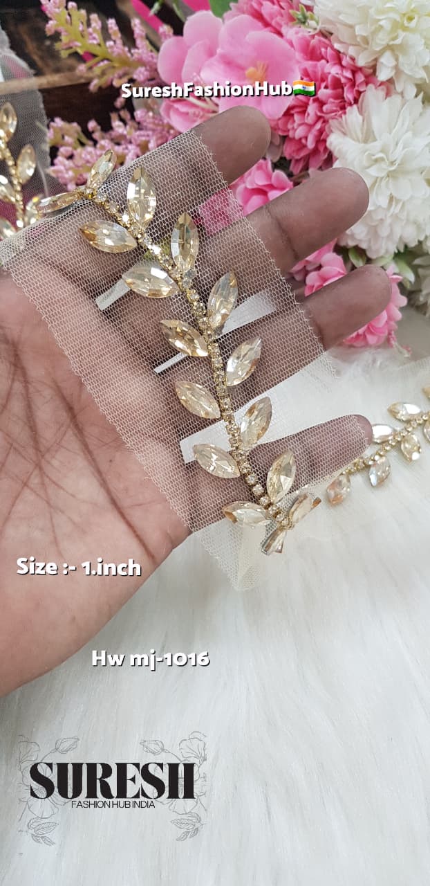 Gold Handmade Rhinestone Patti Border on Net – M.J-1016