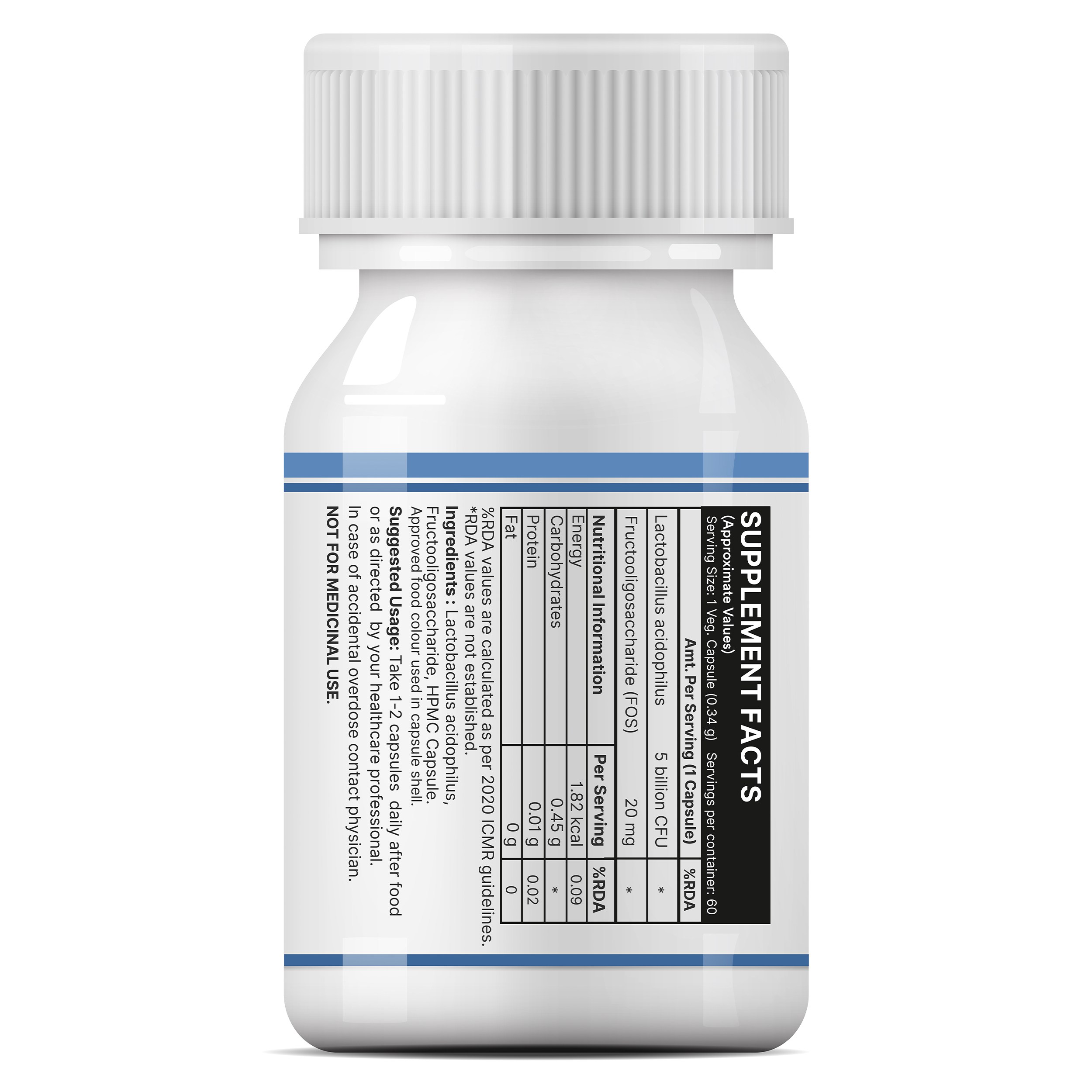 INLIFE Lactobacillus Acidophilus Probiotic 5 Billion CFU with FOS, 60 Caps | Prebiotic FOS 20 mg, Supports Gut Health and Digestion, Vegetarian Capsules, 60 Servings, Health Supplement