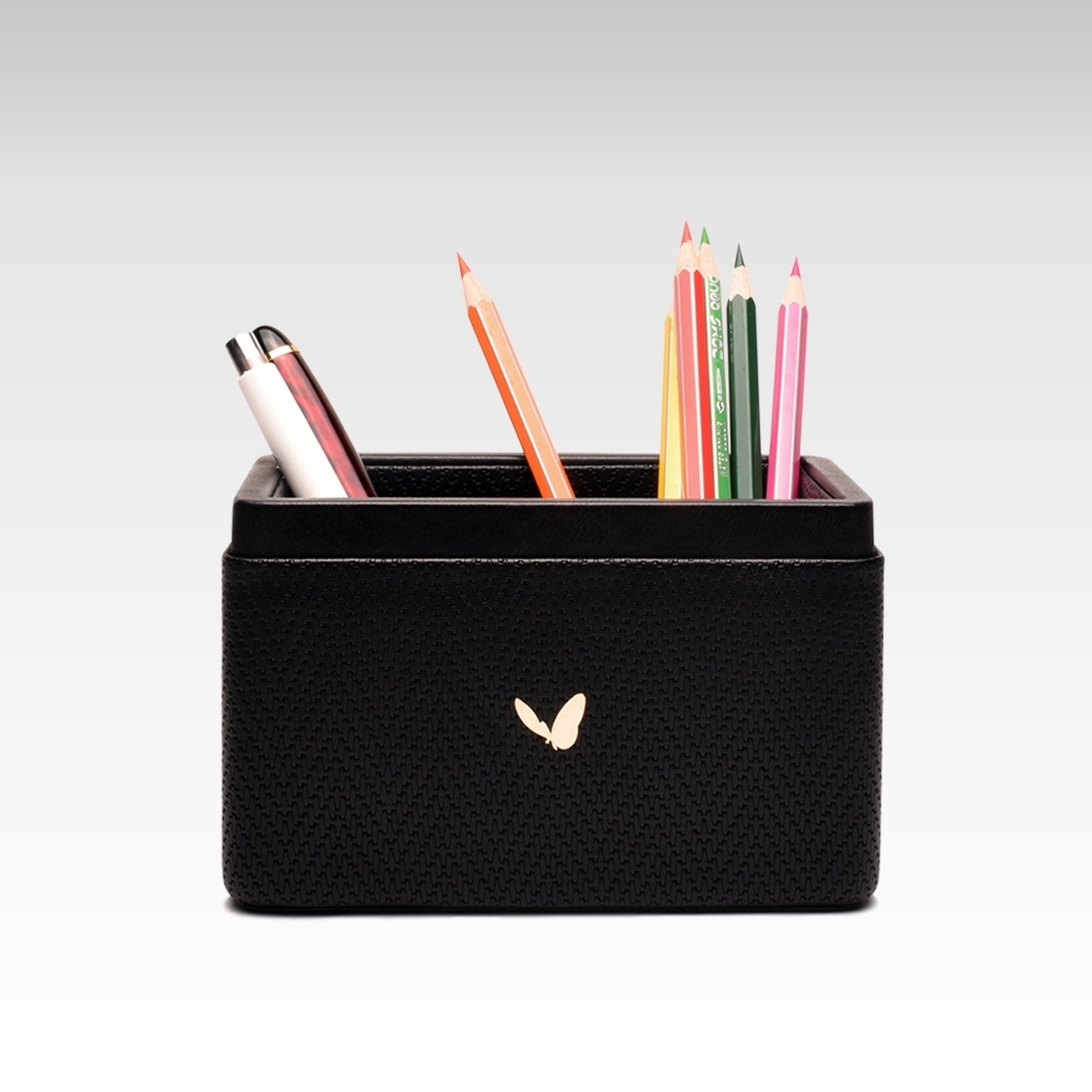 Ultra Premium Pen/Pencil Holder / Desk Organizer / Accessories in Premium Faux Leather | Rectangular | Size: 3.5x5.5x3.5(H) Inches | Two Compartment | Chevron Series (Black)