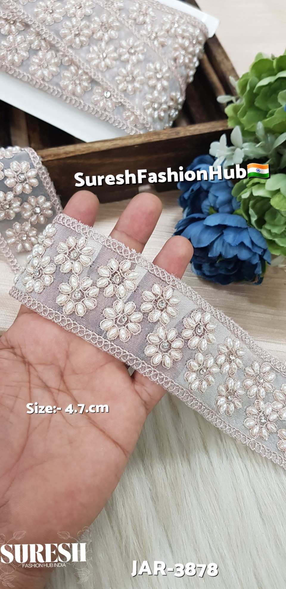 Rose Gold Floral Diamond Pearl Dori Cutwork Lace
