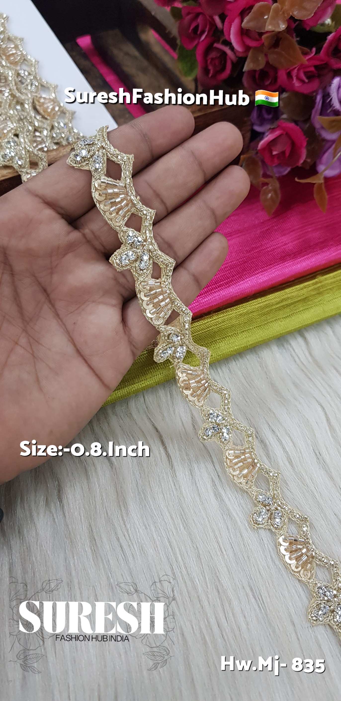 Gold with Rhinestones Double Side Cutwork Handmade Border – Mj-835