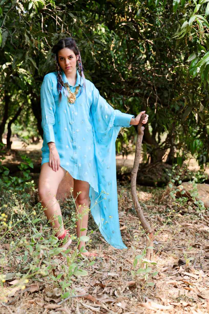 Embroidered long drape shirt