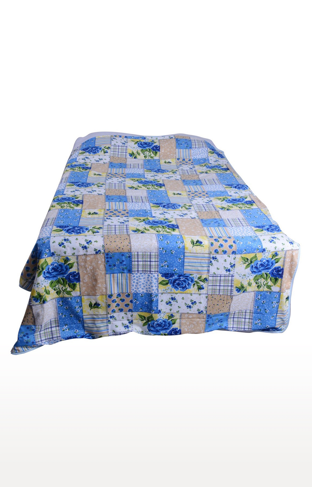 V Brown | Blue Checks & Flower Printed Cotton 3 Layer Single Bed Quilt Dohar 0