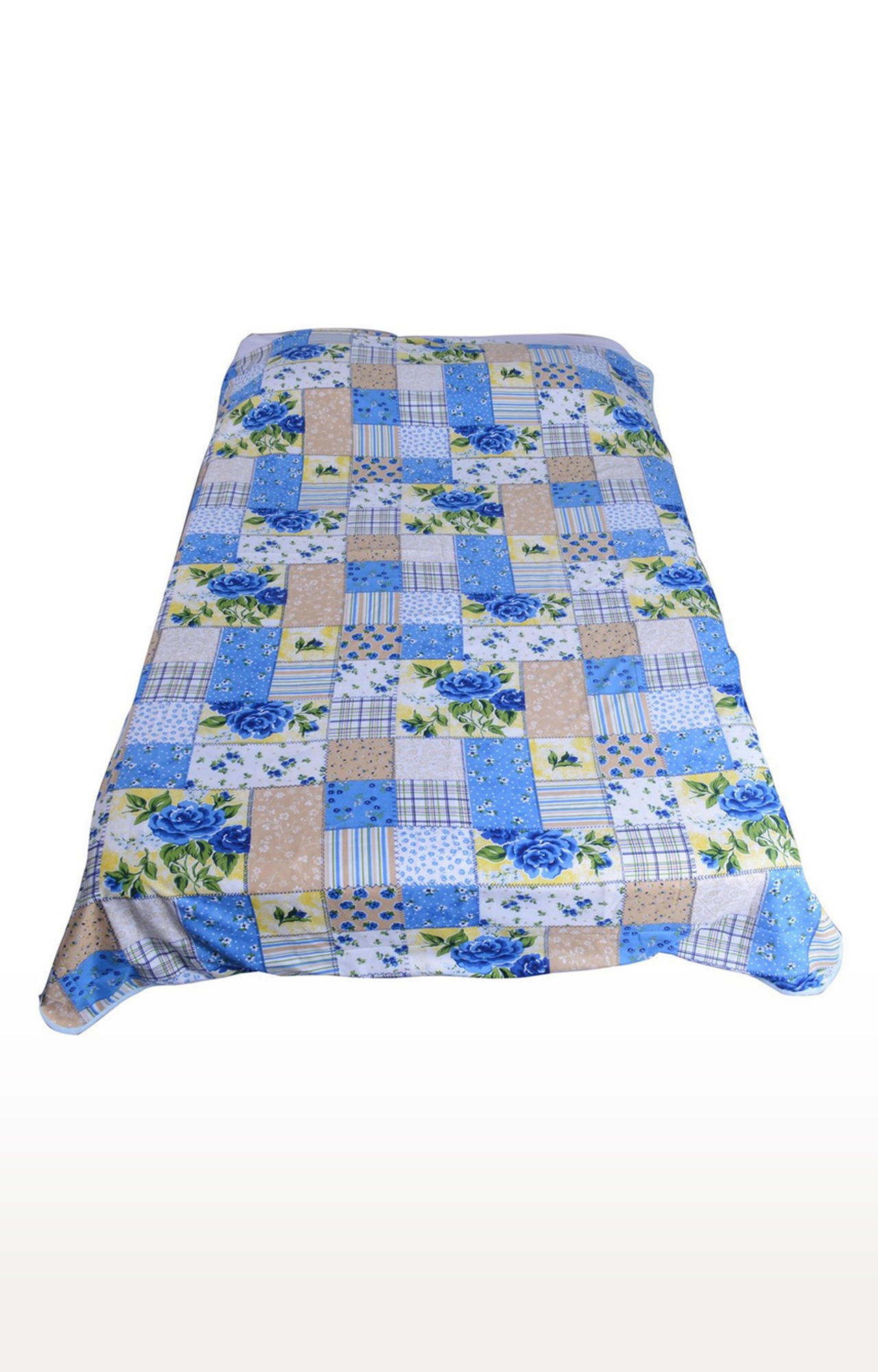 V Brown | Blue Checks & Flower Printed Cotton 3 Layer Single Bed Quilt Dohar 1